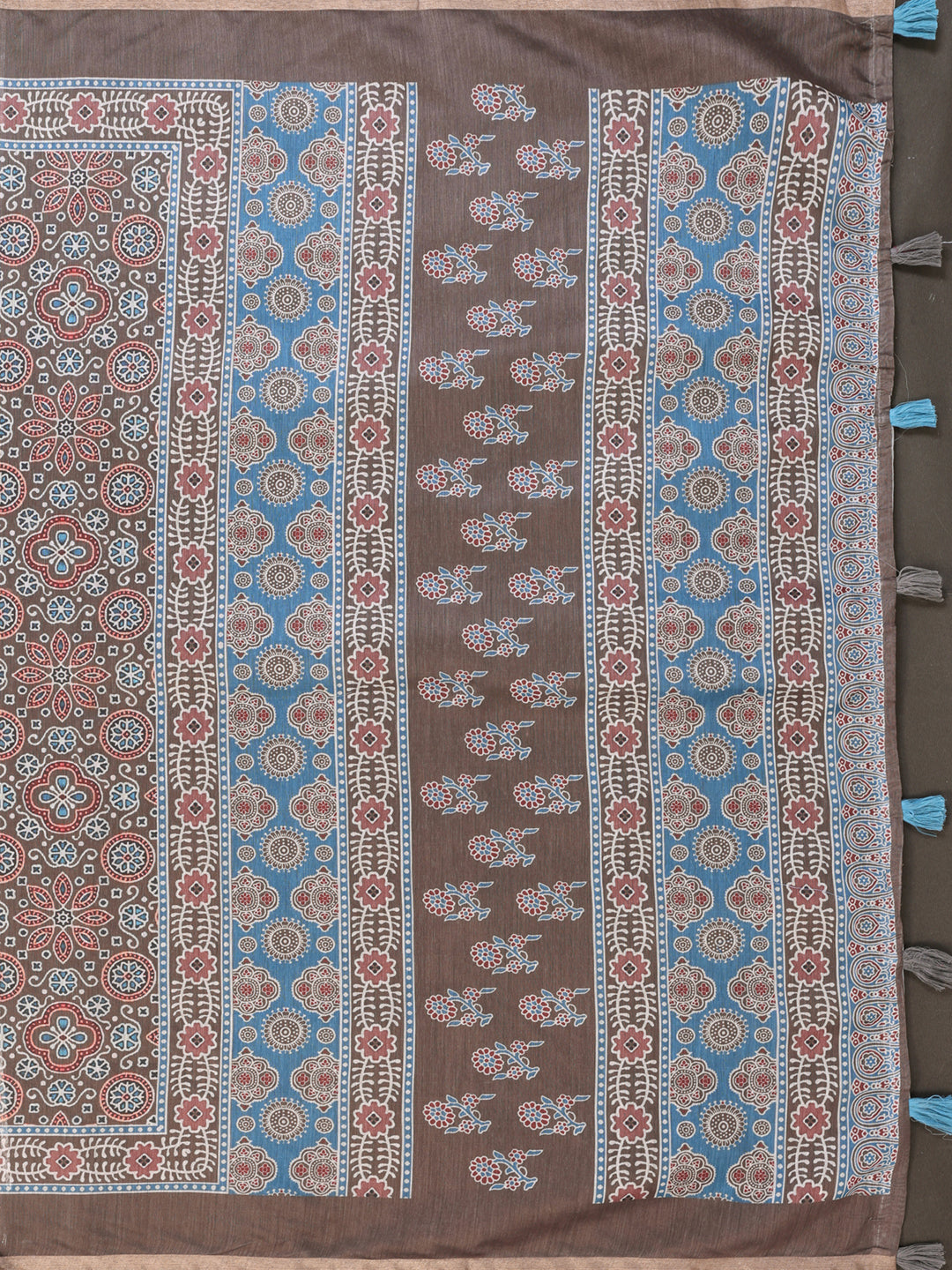 Elegant Brown Chanderi Saree with Ethnic Floral Print  | Blue & Maroon Accents with Block-Inspired Pallu | Lightweight Designer Saree with Matching Blouse Piece – 5.5 Meters