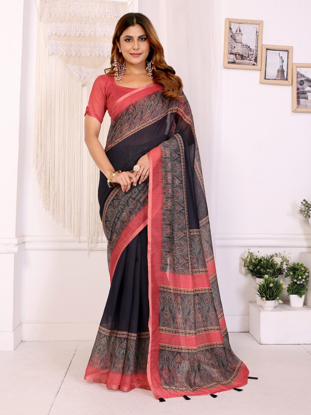 Elegant Black Chanderi Saree with Reddish Pink Border | Traditional & Modern Printed Motifs | Lightweight Designer Saree with Matching Blouse Piece  – 5.5 Meters