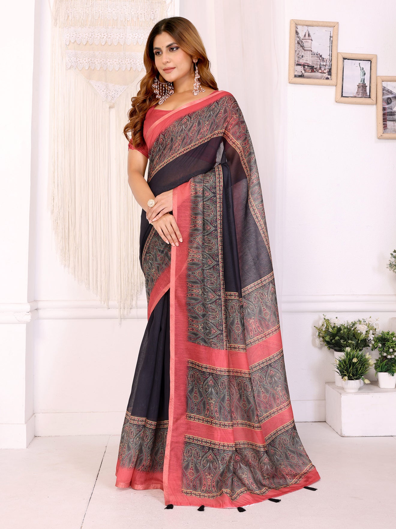 Elegant Black Chanderi Saree with Reddish Pink Border | Traditional & Modern Printed Motifs | Lightweight Designer Saree with Matching Blouse Piece  – 5.5 Meters