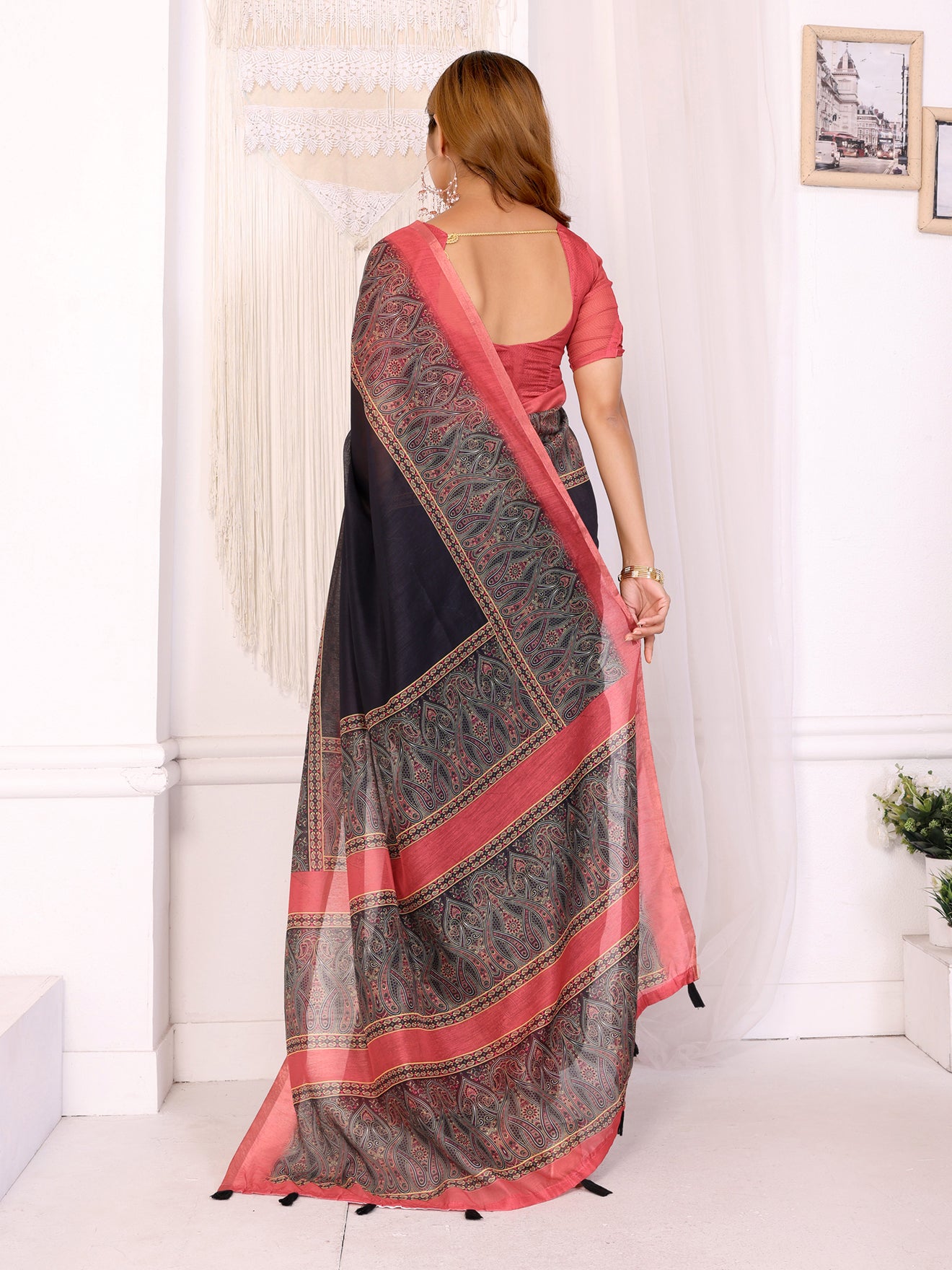 Elegant Black Chanderi Saree with Reddish Pink Border | Traditional & Modern Printed Motifs | Lightweight Designer Saree with Matching Blouse Piece  – 5.5 Meters
