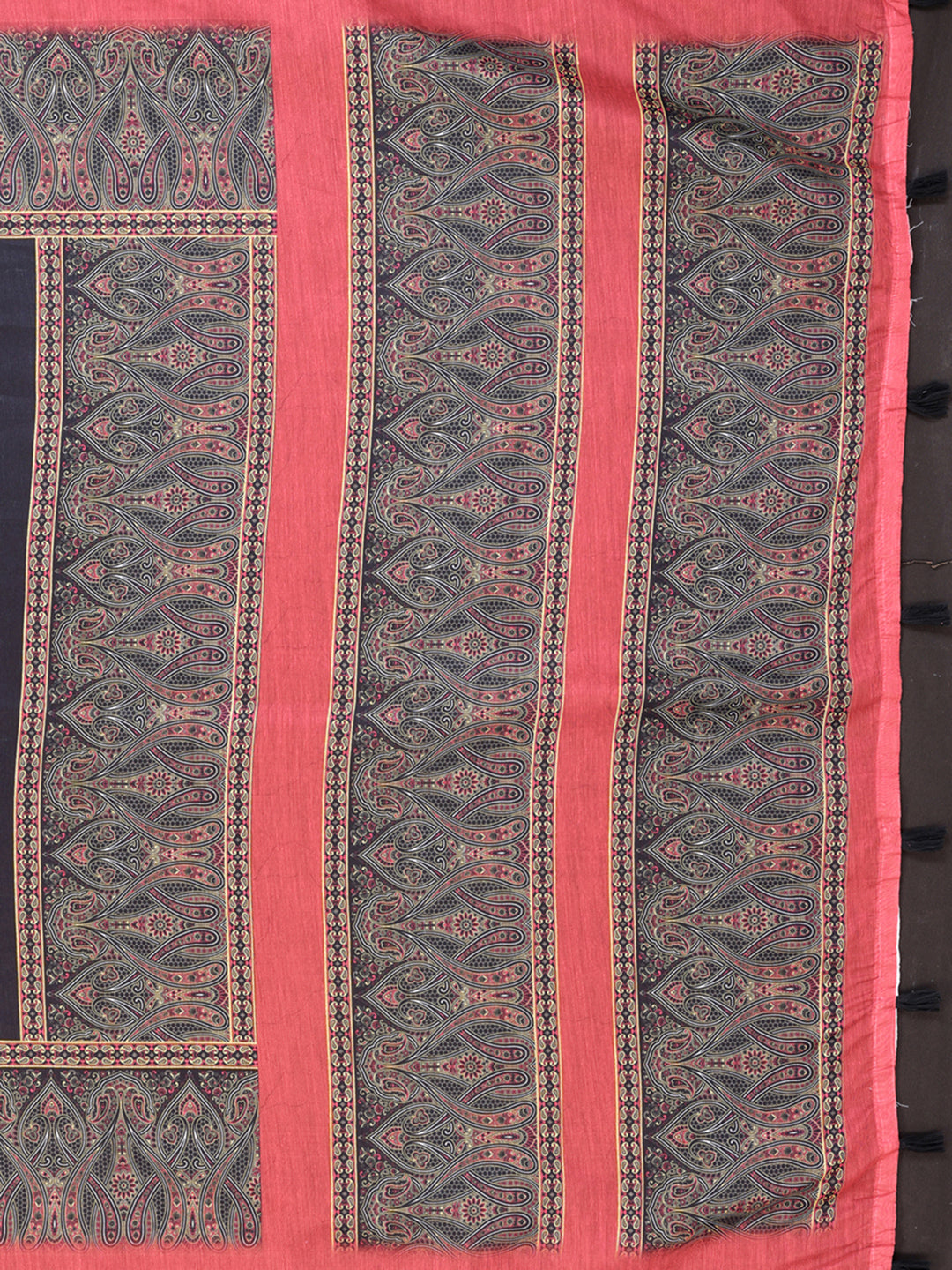 Elegant Black Chanderi Saree with Reddish Pink Border | Traditional & Modern Printed Motifs | Lightweight Designer Saree with Matching Blouse Piece  – 5.5 Meters