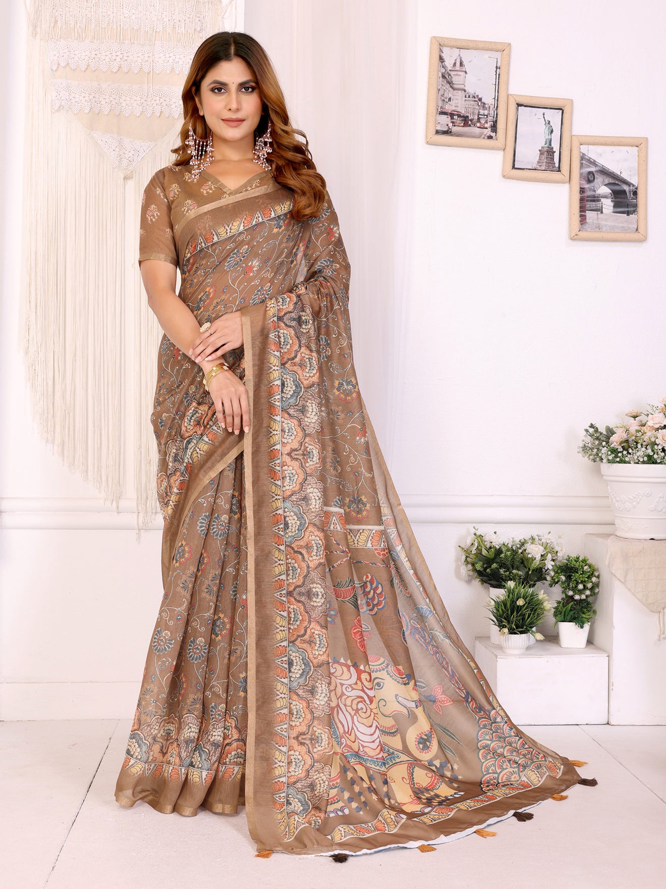 Elegant Coffee Brown Chanderi Digital Print Saree | Ethnic & Floral Design with Traditional Printed Border | Lightweight Designer Saree with Matching Blouse Piece  – 5.5 Meters