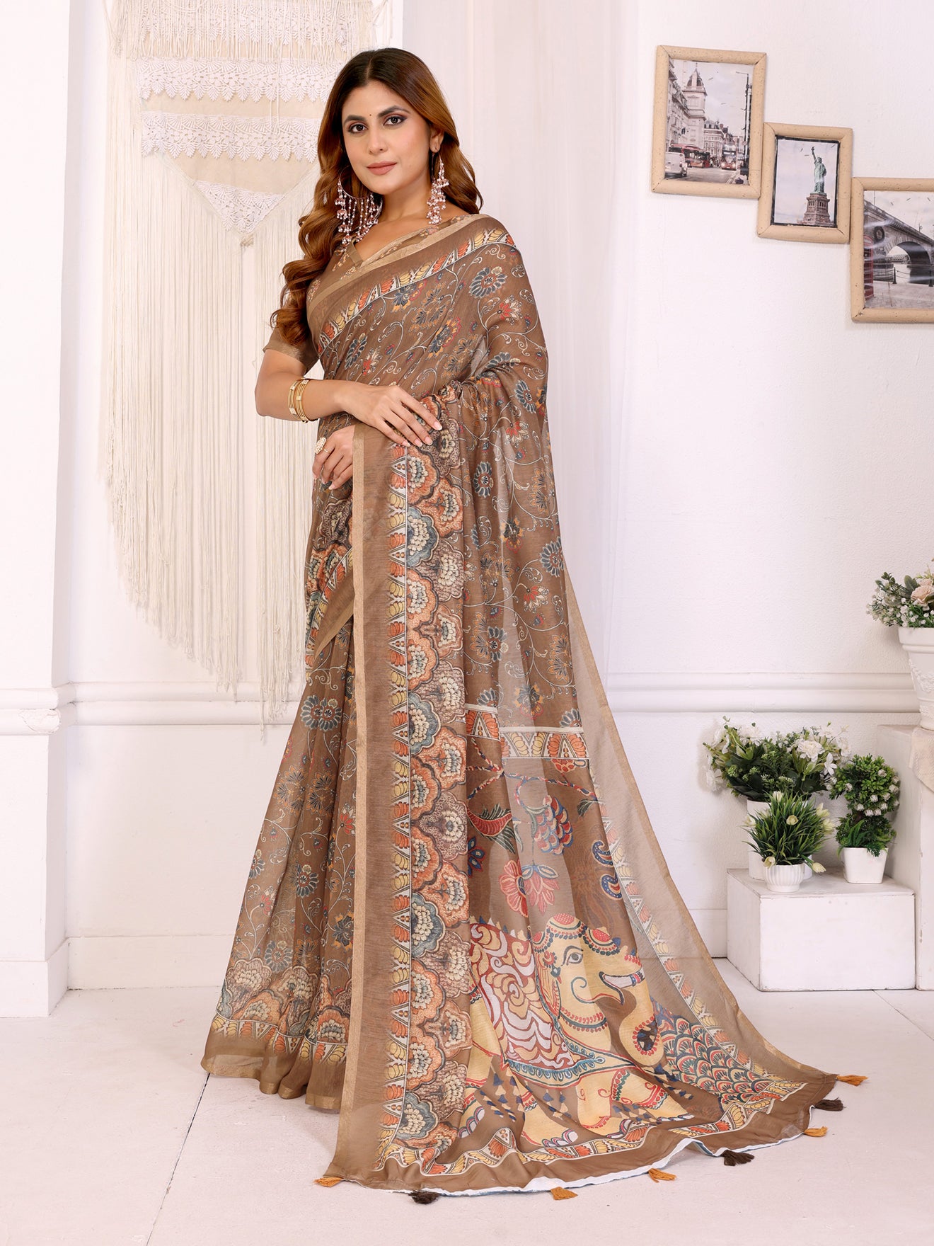 Elegant Coffee Brown Chanderi Digital Print Saree | Ethnic & Floral Design with Traditional Printed Border | Lightweight Designer Saree with Matching Blouse Piece  – 5.5 Meters