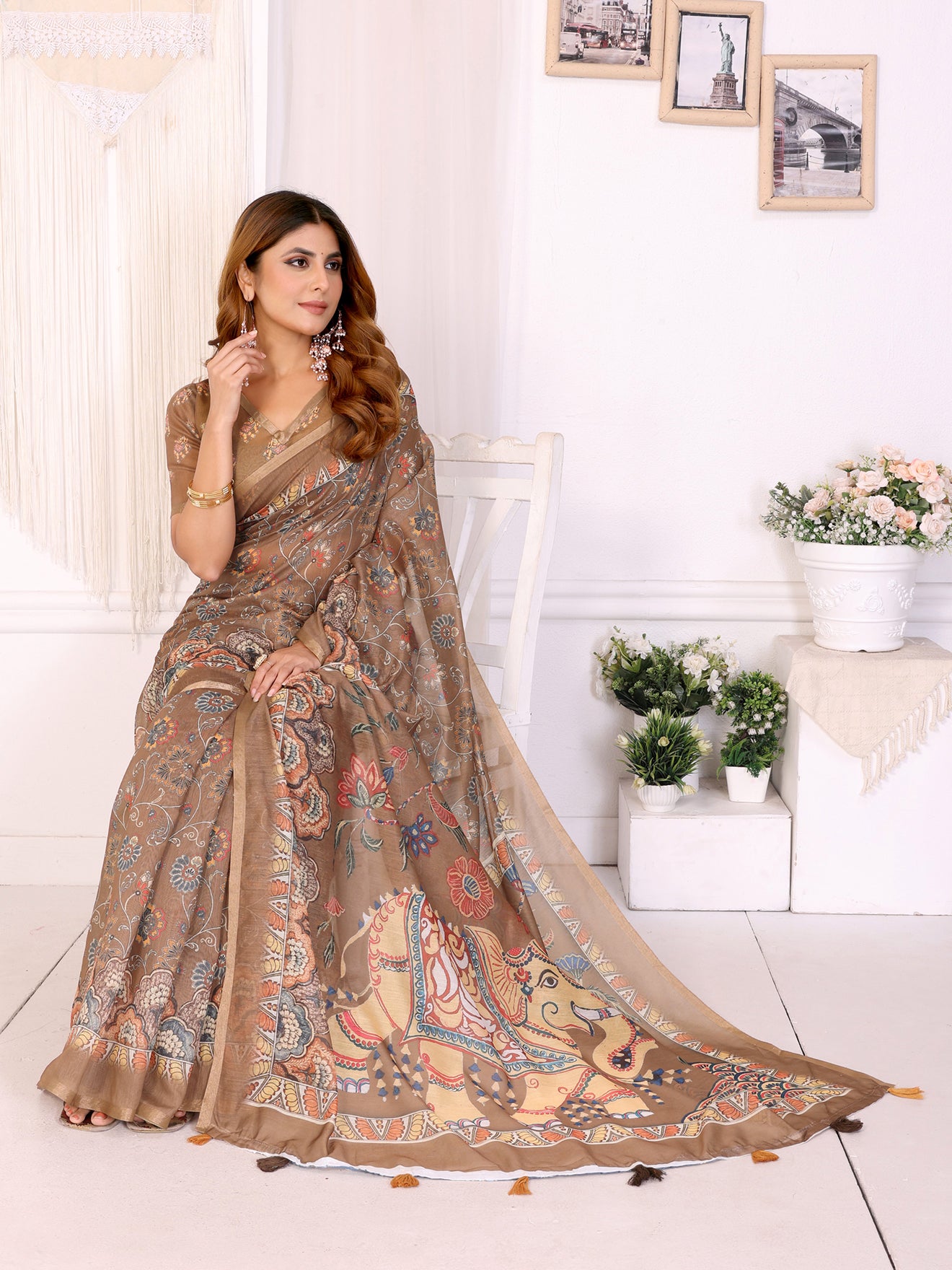 Elegant Coffee Brown Chanderi Digital Print Saree | Ethnic & Floral Design with Traditional Printed Border | Lightweight Designer Saree with Matching Blouse Piece  – 5.5 Meters