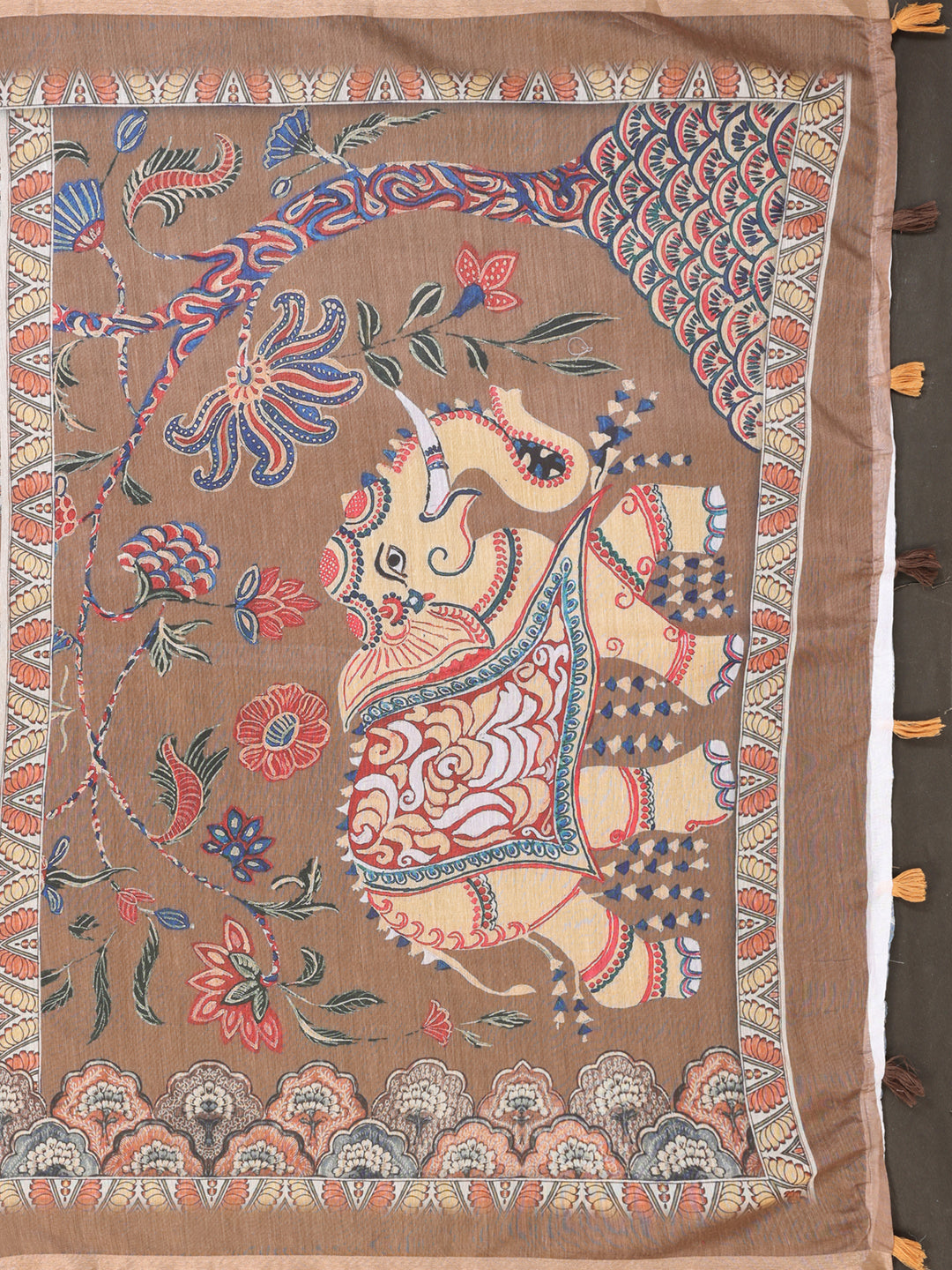 Elegant Coffee Brown Chanderi Digital Print Saree | Ethnic & Floral Design with Traditional Printed Border | Lightweight Designer Saree with Matching Blouse Piece  – 5.5 Meters