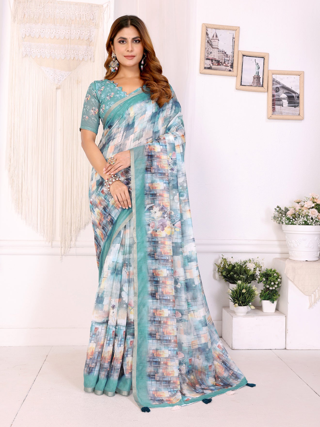 Aqua Blue Digital Abstract Printed Chanderi Saree | Modern Floral & Abstract Design | Lightweight Designer Saree with Matching Blouse Piece  – 5.5 Meters