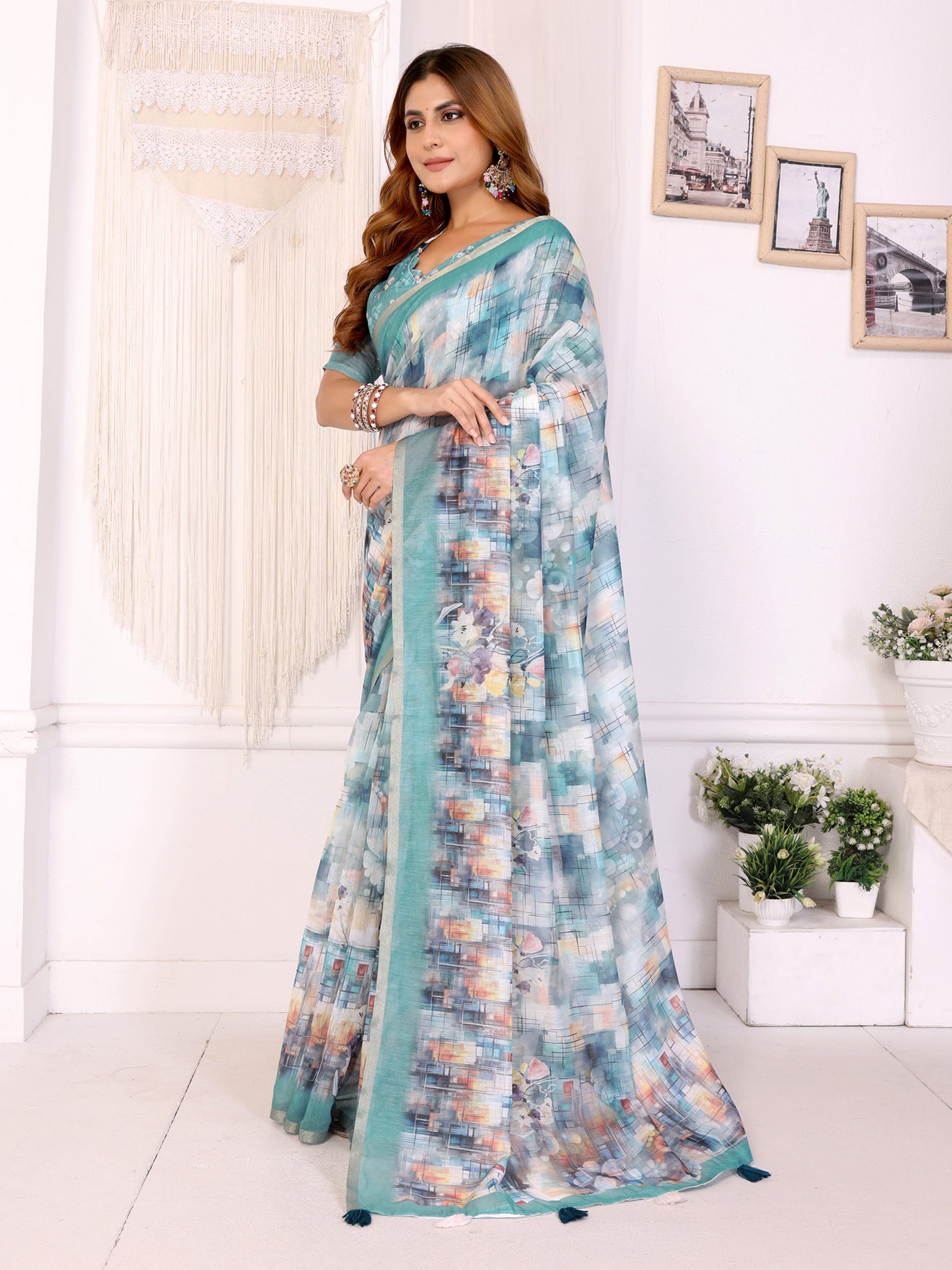 Aqua Blue Digital Abstract Printed Chanderi Saree | Modern Floral & Abstract Design | Lightweight Designer Saree with Matching Blouse Piece  – 5.5 Meters