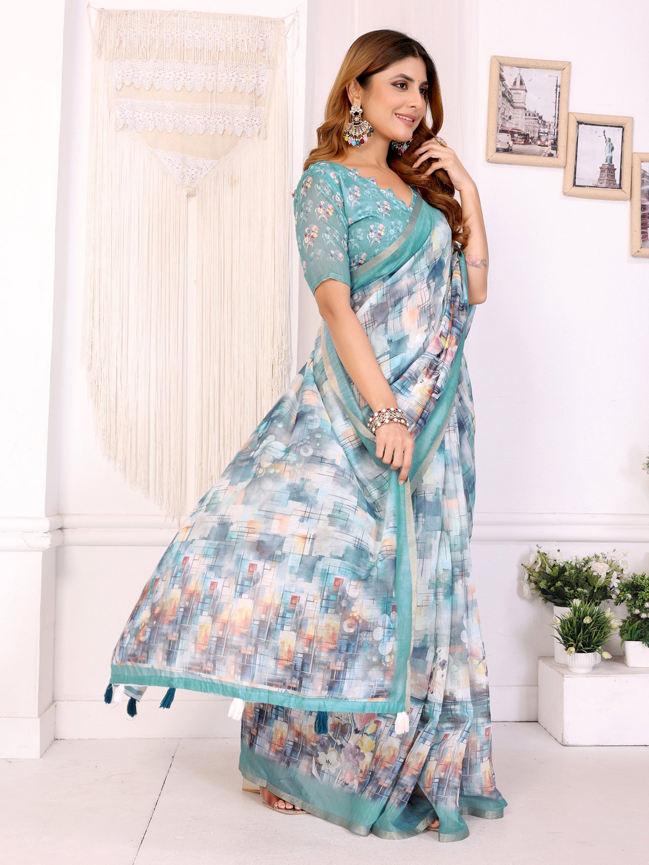 Aqua Blue Digital Abstract Printed Chanderi Saree | Modern Floral & Abstract Design | Lightweight Designer Saree with Matching Blouse Piece  – 5.5 Meters