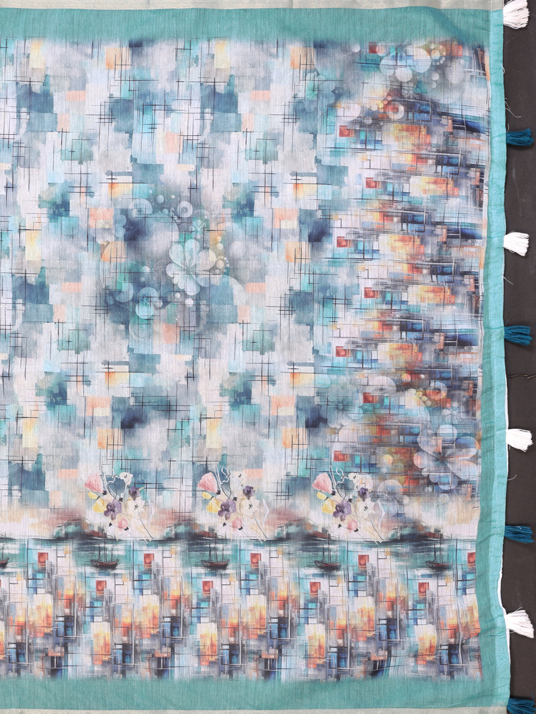 Aqua Blue Digital Abstract Printed Chanderi Saree | Modern Floral & Abstract Design | Lightweight Designer Saree with Matching Blouse Piece  – 5.5 Meters