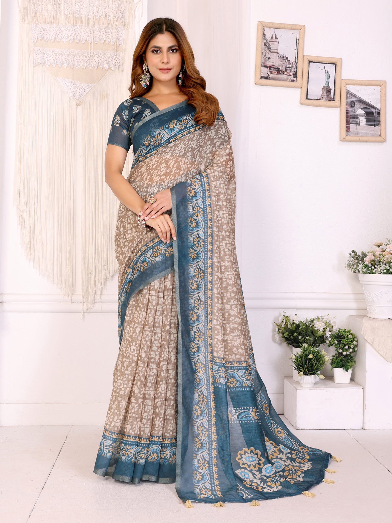 Beige & Teal Ethnic Motif Printed Chanderi Saree 🌿 | Elegant Floral & Traditional Patterns 🎨 | Lightweight Designer Saree with Matching Blouse Piece 👚 – 5.5 Meters