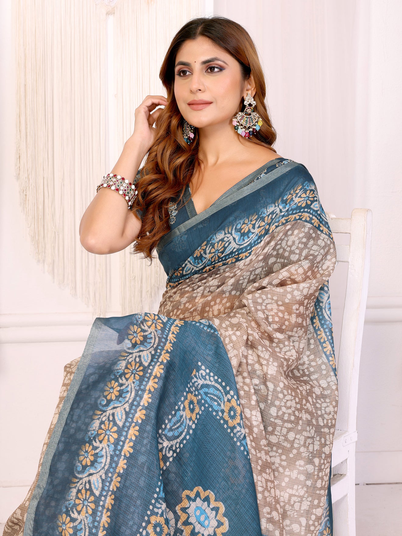Beige & Teal Ethnic Motif Printed Chanderi Saree 🌿 | Elegant Floral & Traditional Patterns 🎨 | Lightweight Designer Saree with Matching Blouse Piece 👚 – 5.5 Meters
