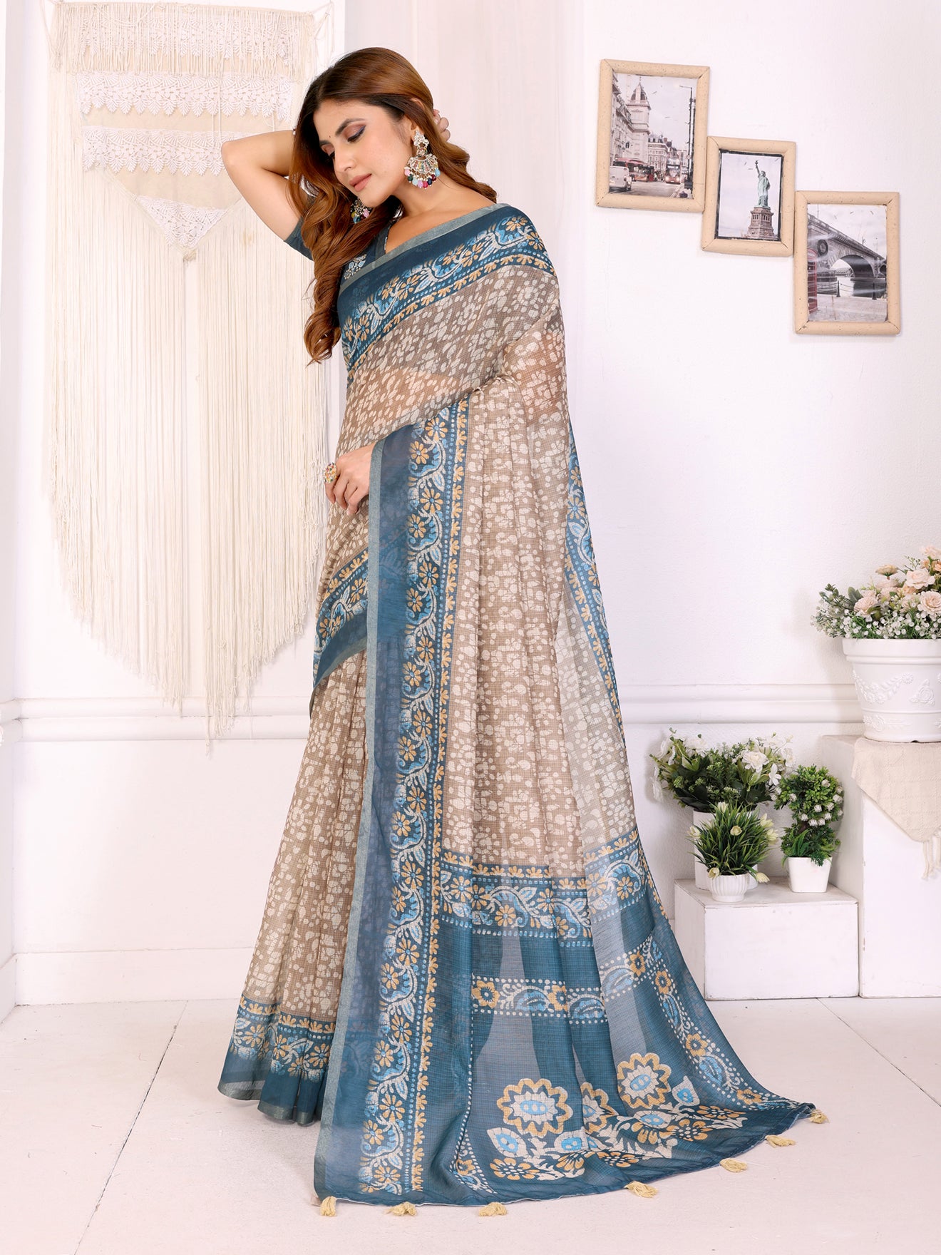 Beige & Teal Ethnic Motif Printed Chanderi Saree 🌿 | Elegant Floral & Traditional Patterns 🎨 | Lightweight Designer Saree with Matching Blouse Piece 👚 – 5.5 Meters