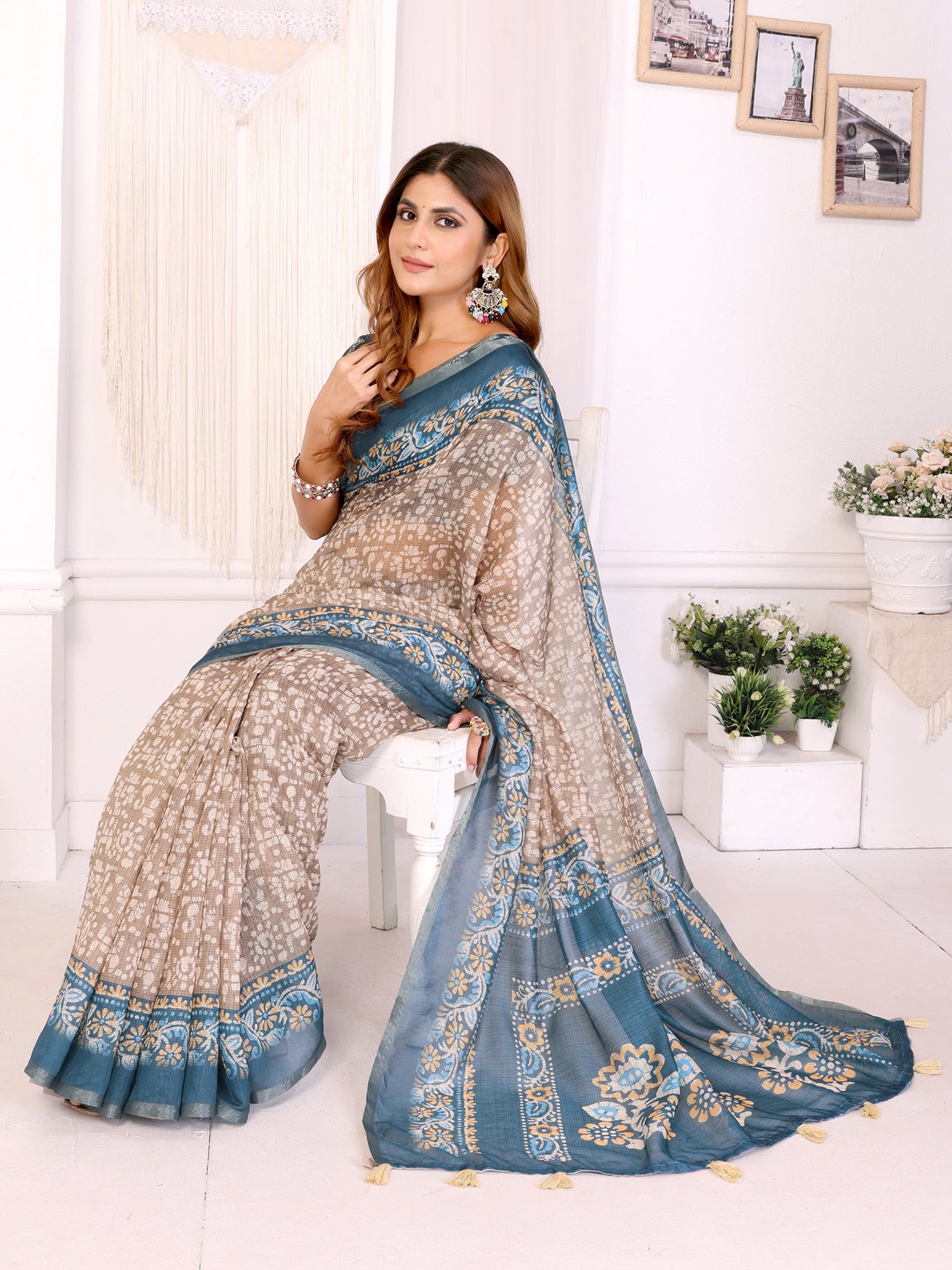 Beige & Teal Ethnic Motif Printed Chanderi Saree 🌿 | Elegant Floral & Traditional Patterns 🎨 | Lightweight Designer Saree with Matching Blouse Piece 👚 – 5.5 Meters