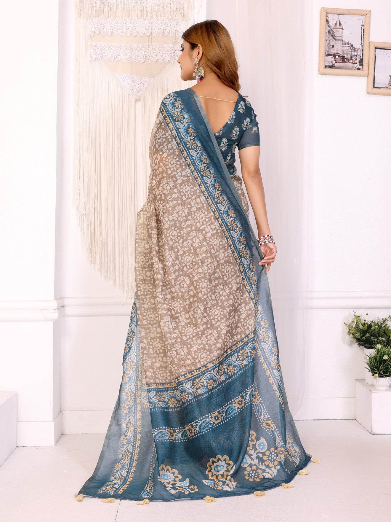 Beige & Teal Ethnic Motif Printed Chanderi Saree 🌿 | Elegant Floral & Traditional Patterns 🎨 | Lightweight Designer Saree with Matching Blouse Piece 👚 – 5.5 Meters