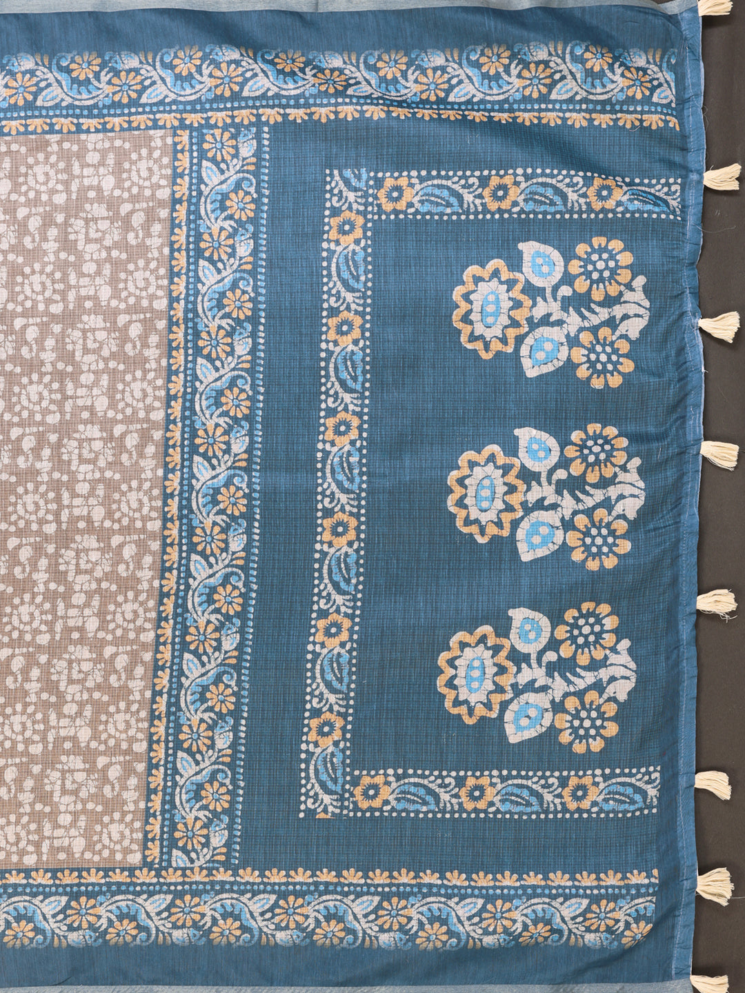 Beige & Teal Ethnic Motif Printed Chanderi Saree 🌿 | Elegant Floral & Traditional Patterns 🎨 | Lightweight Designer Saree with Matching Blouse Piece 👚 – 5.5 Meters