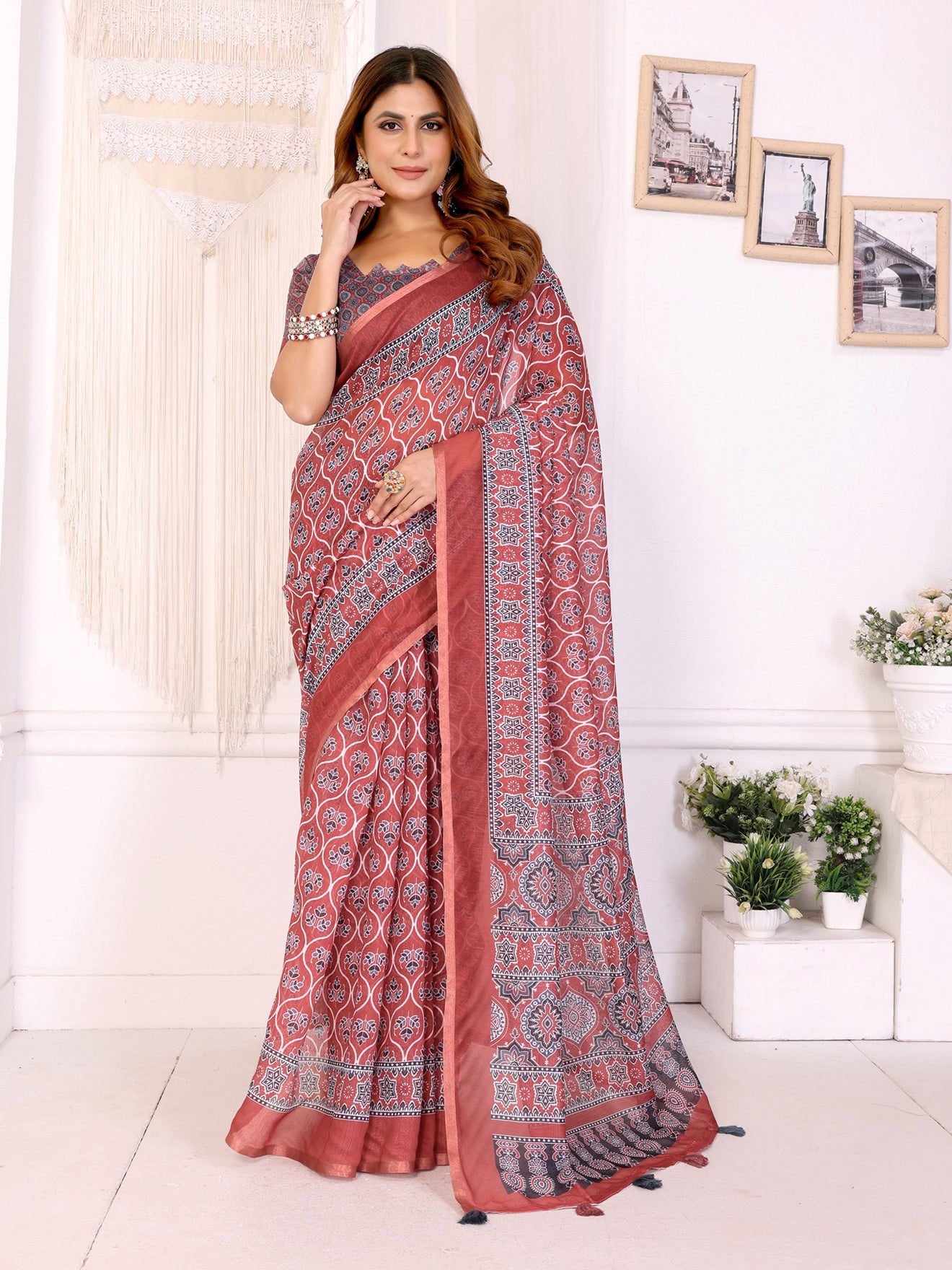 Rust Red Traditional Printed Chanderi Saree  Elegant Ethnic Prints with Ornate Designer Border | Lightweight Saree with Matching Blouse Piece – 5.5 Meters