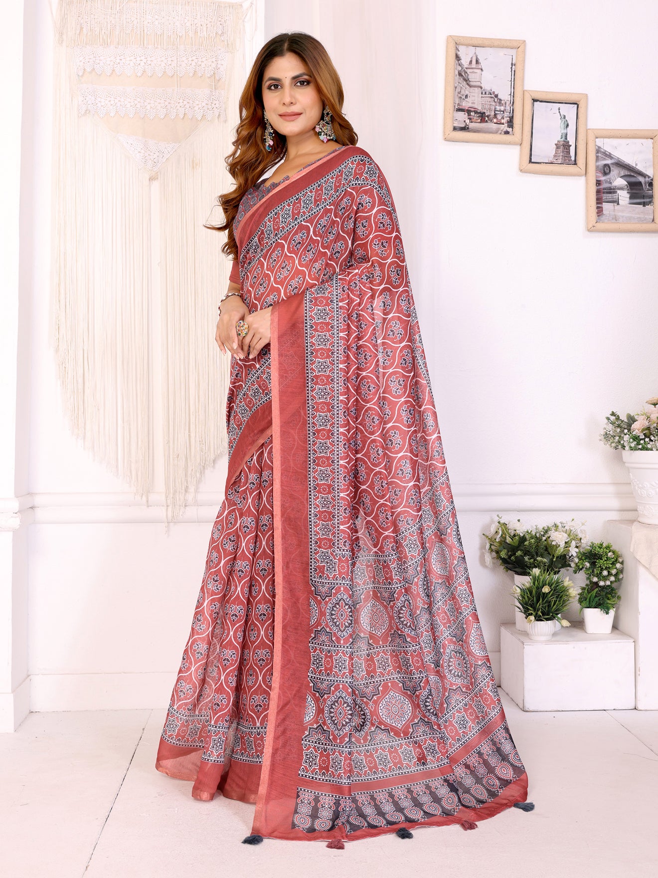 Rust Red Traditional Printed Chanderi Saree  Elegant Ethnic Prints with Ornate Designer Border | Lightweight Saree with Matching Blouse Piece – 5.5 Meters