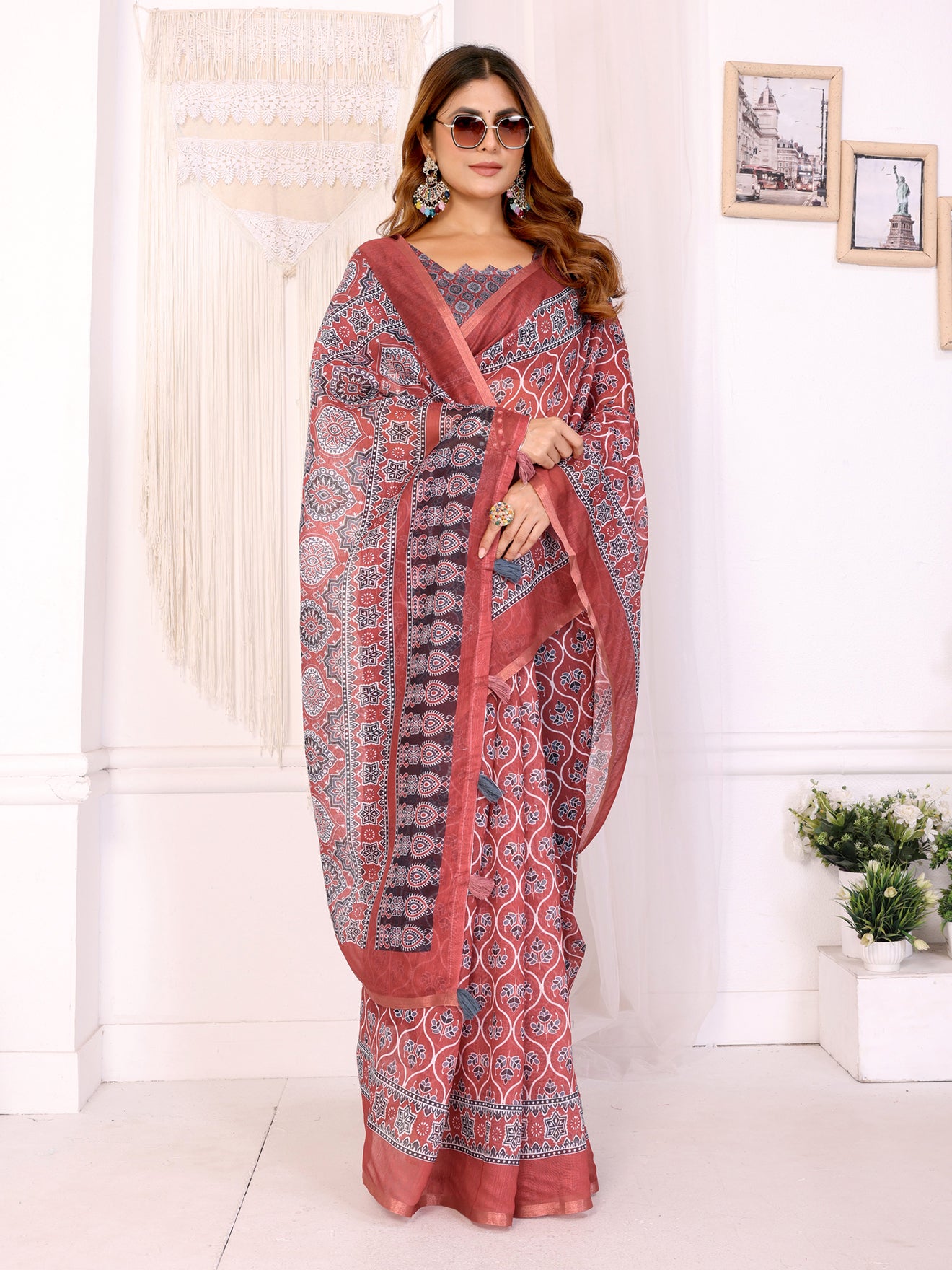 Rust Red Traditional Printed Chanderi Saree  Elegant Ethnic Prints with Ornate Designer Border | Lightweight Saree with Matching Blouse Piece – 5.5 Meters