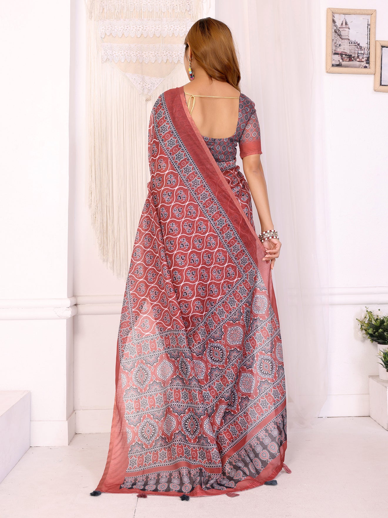 Rust Red Traditional Printed Chanderi Saree  Elegant Ethnic Prints with Ornate Designer Border | Lightweight Saree with Matching Blouse Piece – 5.5 Meters