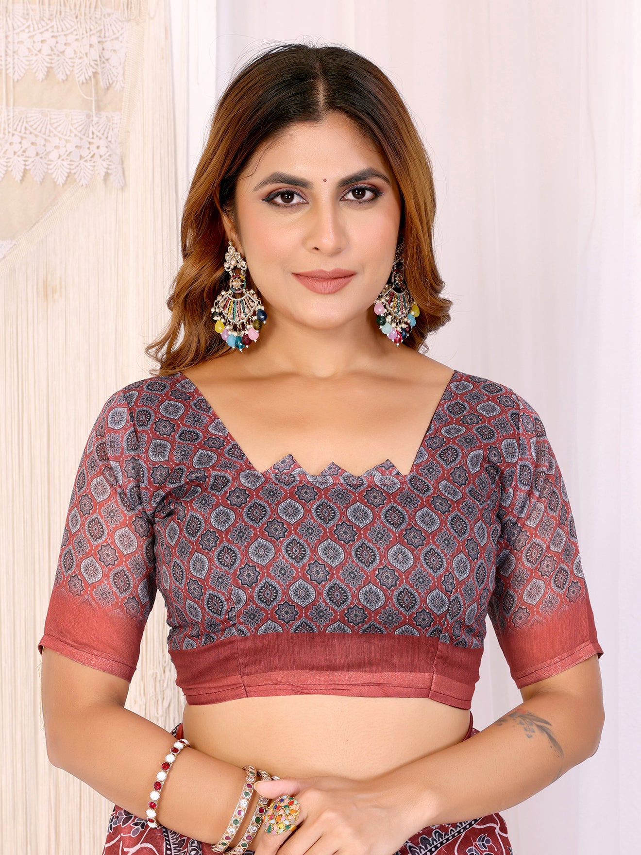 Rust Red Traditional Printed Chanderi Saree  Elegant Ethnic Prints with Ornate Designer Border | Lightweight Saree with Matching Blouse Piece – 5.5 Meters