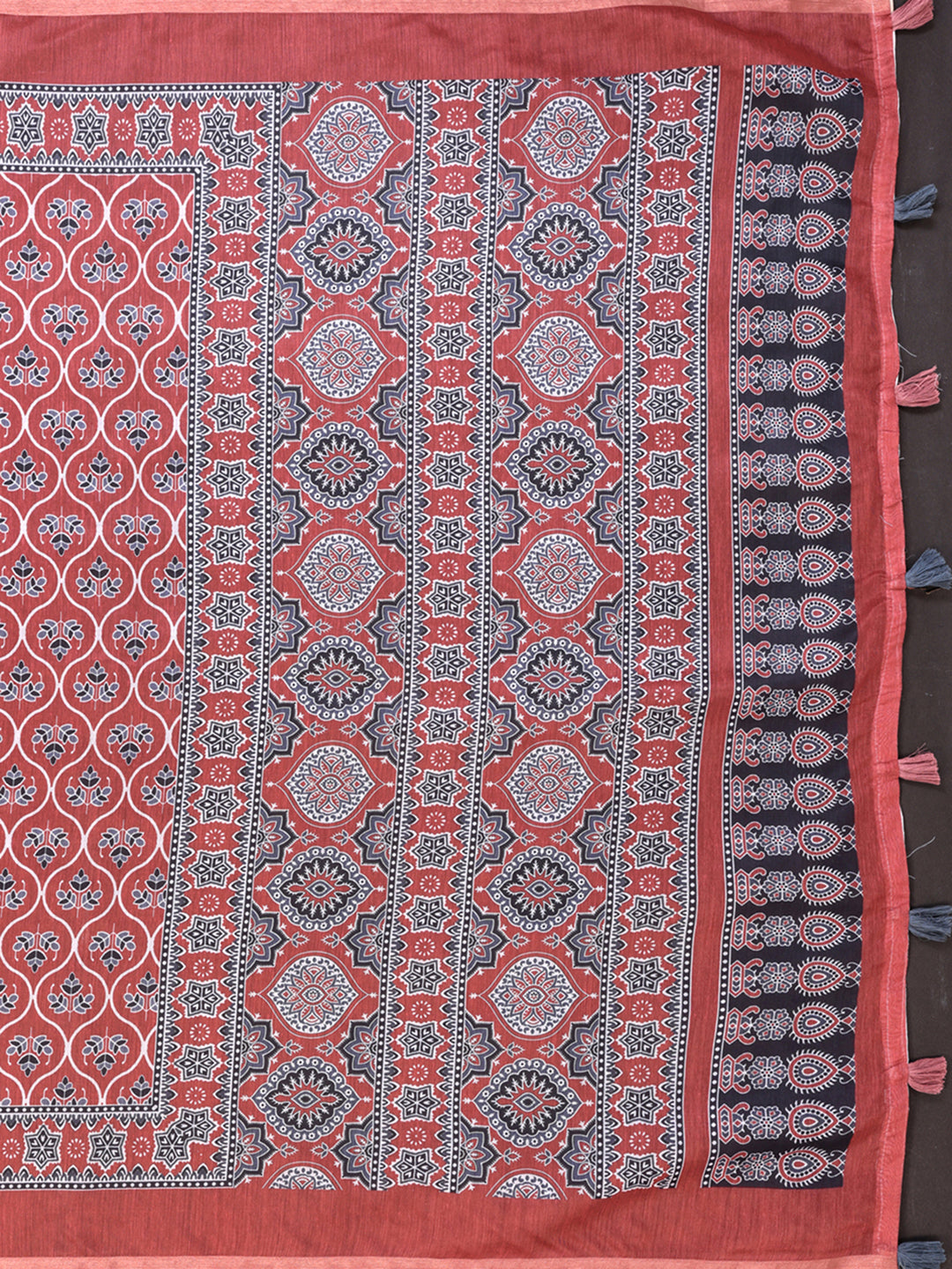 Rust Red Traditional Printed Chanderi Saree  Elegant Ethnic Prints with Ornate Designer Border | Lightweight Saree with Matching Blouse Piece – 5.5 Meters