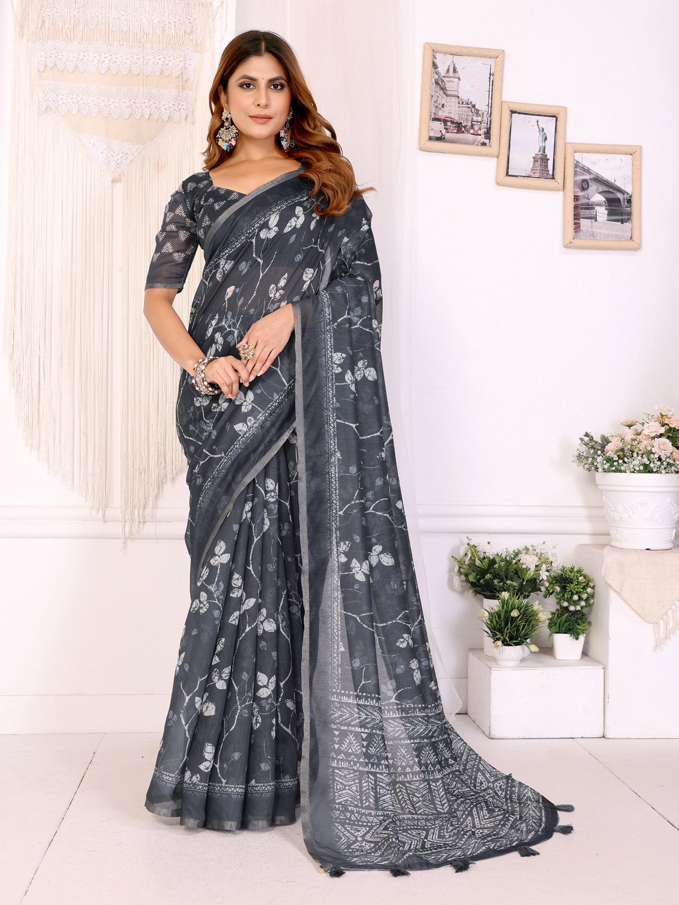 Charcoal Grey Floral Printed Chanderi Saree  | Elegant Patterned Pallu & Subtle Border  | Lightweight Traditional Saree with Matching Blouse Piece – 5.5 Meters