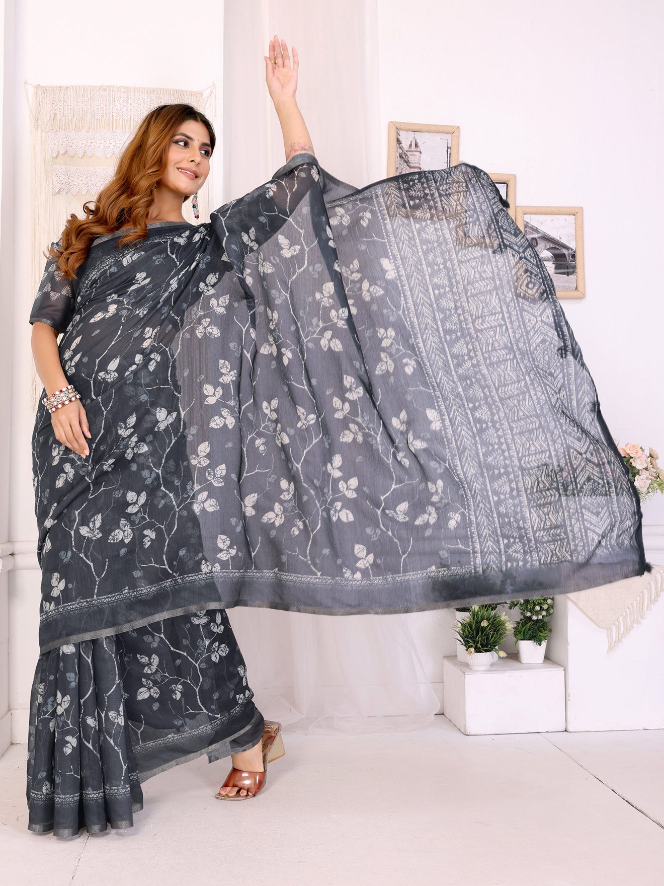 Charcoal Grey Floral Printed Chanderi Saree  | Elegant Patterned Pallu & Subtle Border  | Lightweight Traditional Saree with Matching Blouse Piece – 5.5 Meters