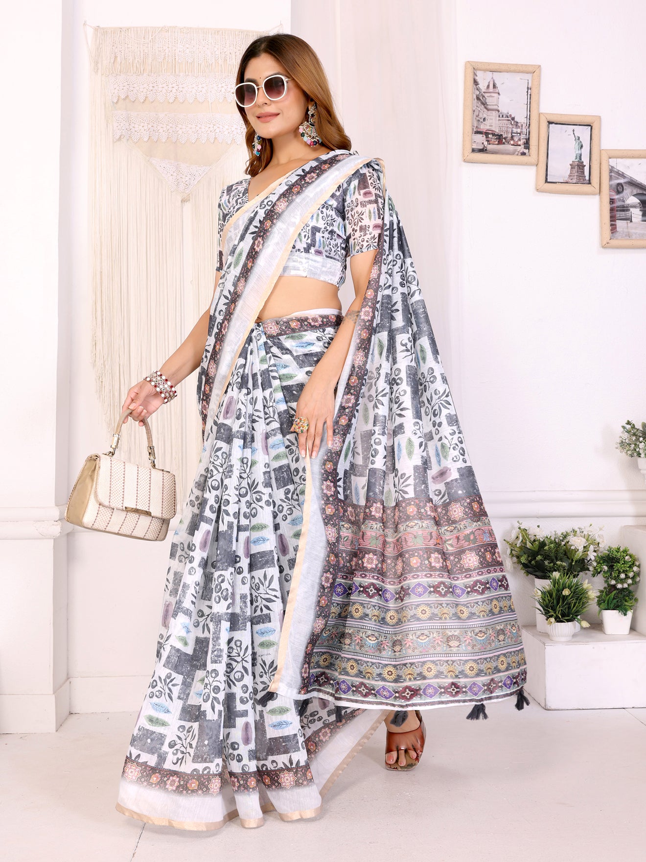 White & Black Multi-Pattern Digital Printed Chanderi Saree 🌸 | Geometric & Floral Fusion with Vibrant Ethnic Border 🎨 | Lightweight Designer Saree with Matching Blouse Piece 👚 – 5.5 Meters