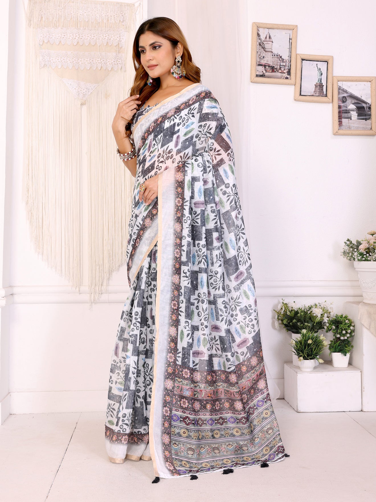 White & Black Multi-Pattern Digital Printed Chanderi Saree 🌸 | Geometric & Floral Fusion with Vibrant Ethnic Border 🎨 | Lightweight Designer Saree with Matching Blouse Piece 👚 – 5.5 Meters