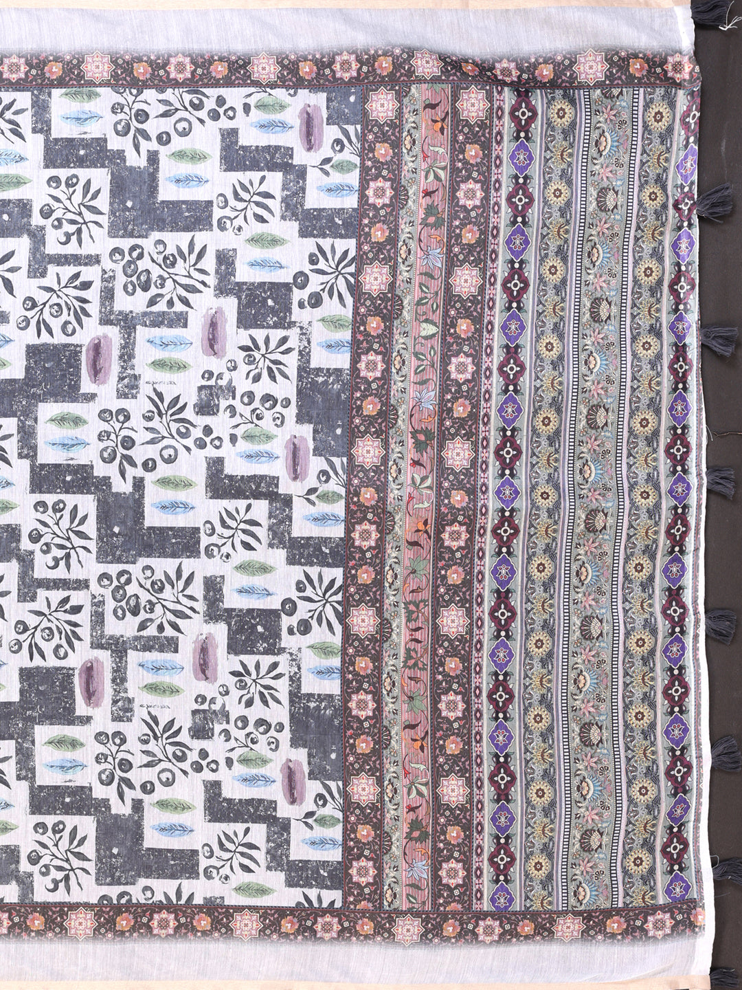 White & Black Multi-Pattern Digital Printed Chanderi Saree 🌸 | Geometric & Floral Fusion with Vibrant Ethnic Border 🎨 | Lightweight Designer Saree with Matching Blouse Piece 👚 – 5.5 Meters