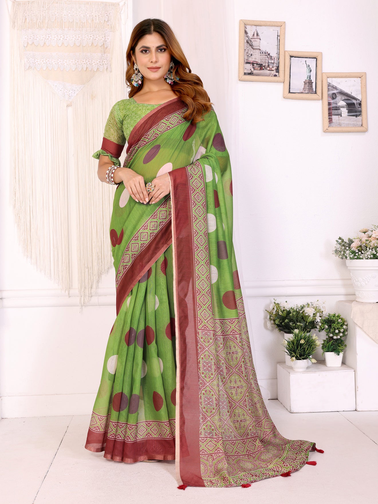 Green & Maroon Polka Dot Printed Chanderi Saree  | Playful Ethnic Design with Designer Border | Lightweight Traditional Saree with Matching Blouse Piece  – 5.5 Meters