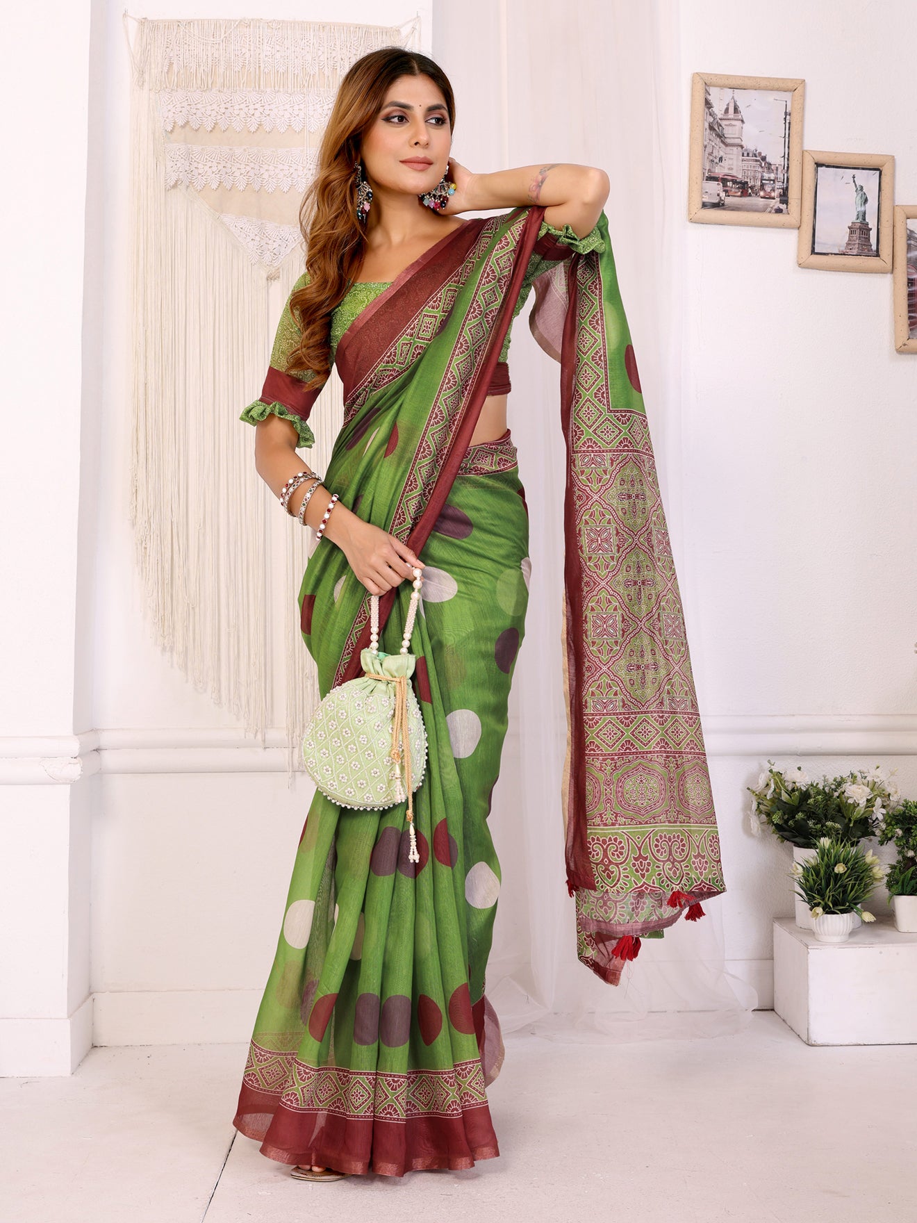 Green & Maroon Polka Dot Printed Chanderi Saree  | Playful Ethnic Design with Designer Border | Lightweight Traditional Saree with Matching Blouse Piece  – 5.5 Meters