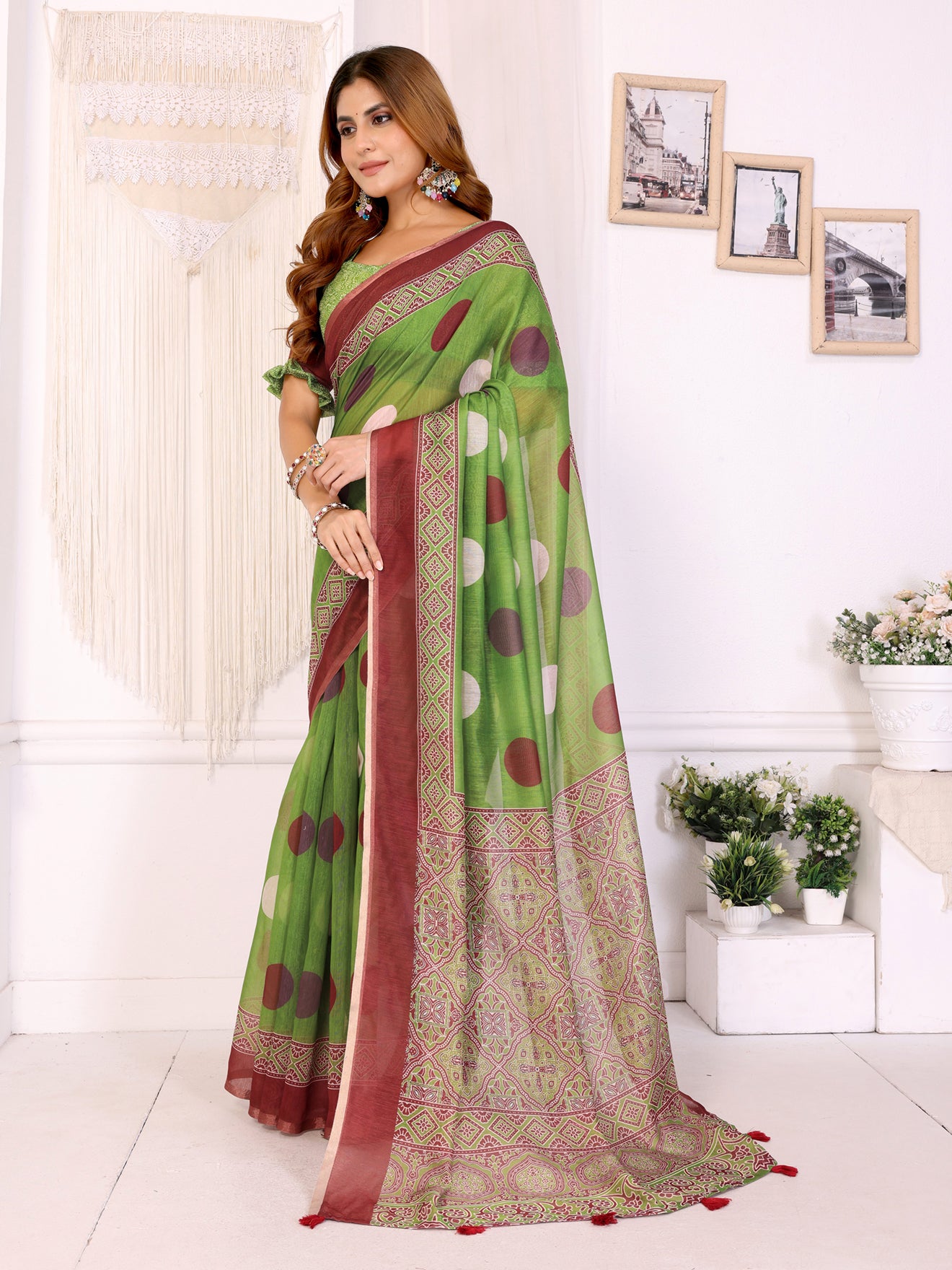 Green & Maroon Polka Dot Printed Chanderi Saree  | Playful Ethnic Design with Designer Border | Lightweight Traditional Saree with Matching Blouse Piece  – 5.5 Meters