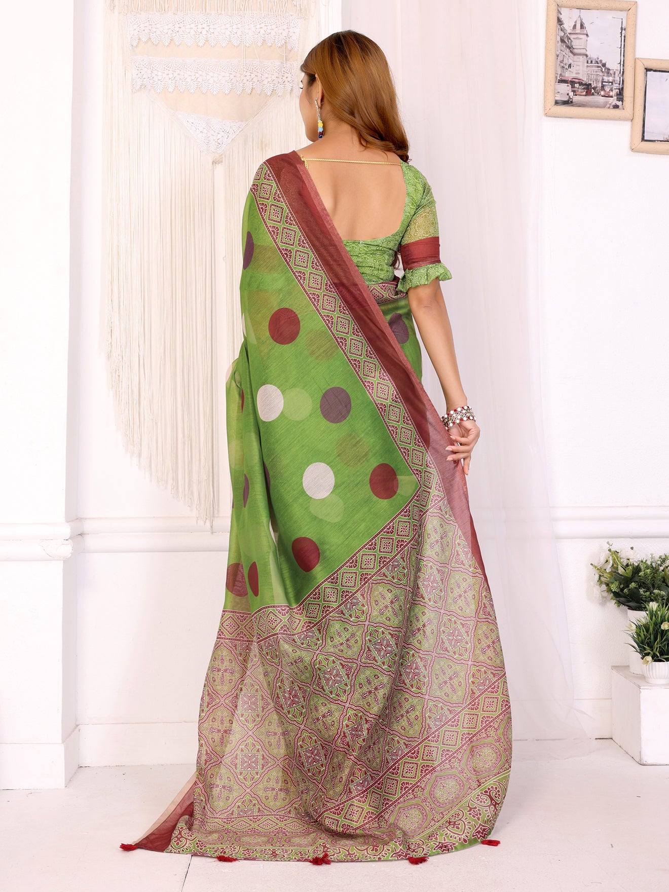 Green & Maroon Polka Dot Printed Chanderi Saree  | Playful Ethnic Design with Designer Border | Lightweight Traditional Saree with Matching Blouse Piece  – 5.5 Meters