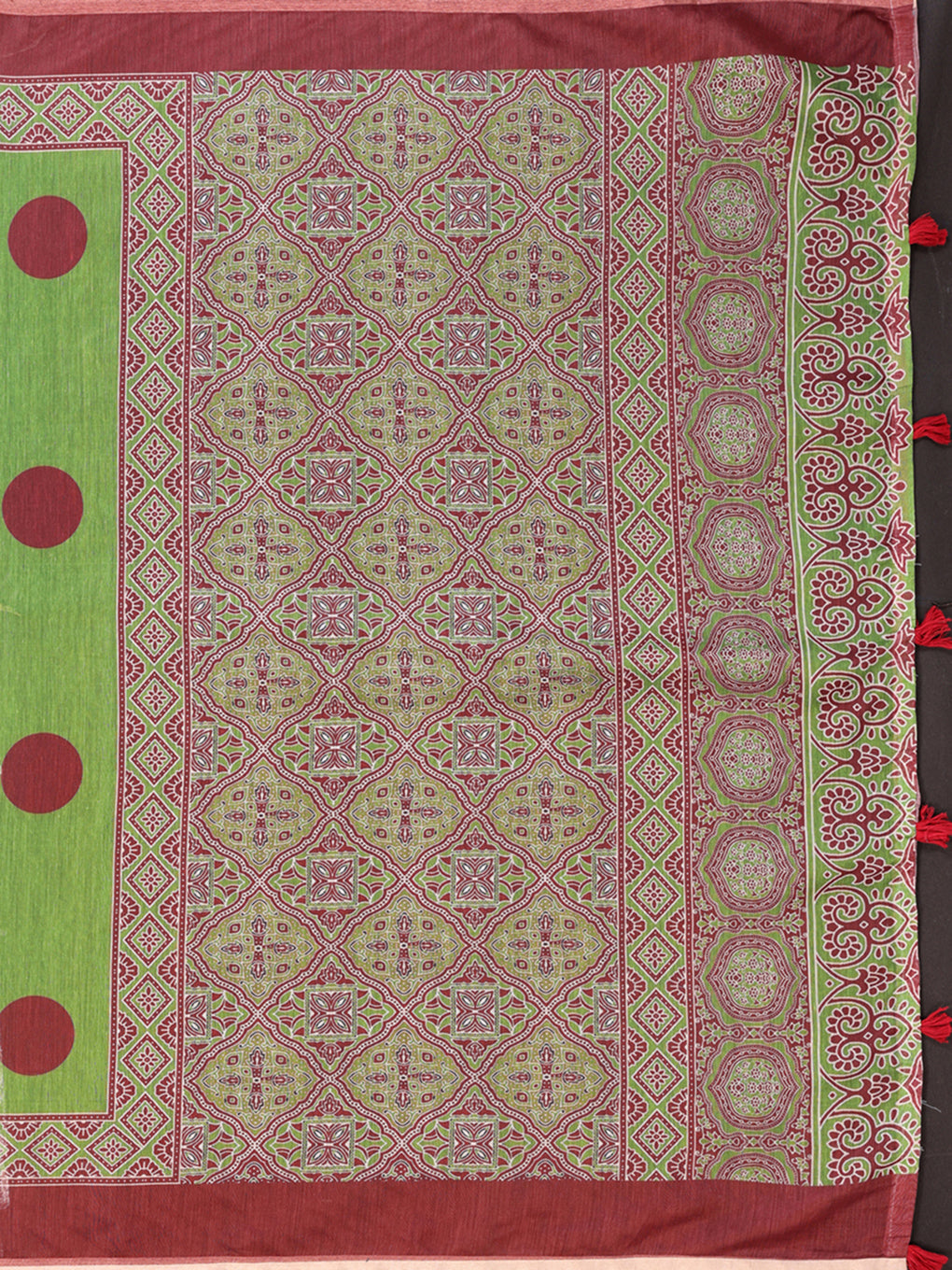Green & Maroon Polka Dot Printed Chanderi Saree  | Playful Ethnic Design with Designer Border | Lightweight Traditional Saree with Matching Blouse Piece  – 5.5 Meters