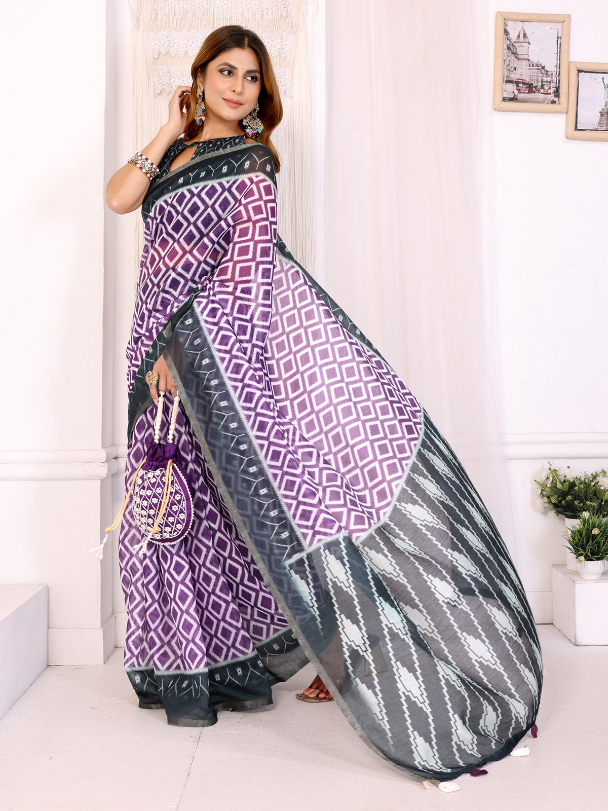 Purple & Black Ikat Printed Chanderi Saree | Geometric Ethnic Design with Designer Border  | Lightweight Traditional Saree with Matching Blouse Piece  – 5.5 Meters