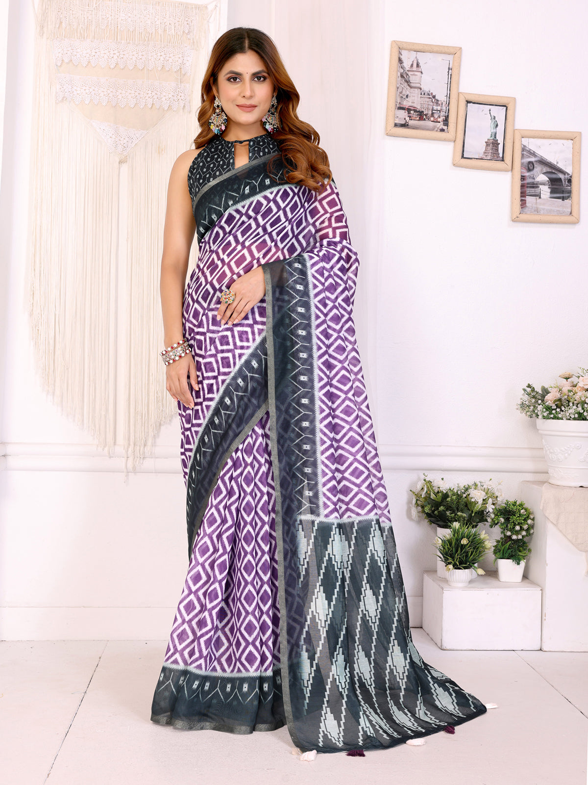 Purple & Black Ikat Printed Chanderi Saree | Geometric Ethnic Design with Designer Border  | Lightweight Traditional Saree with Matching Blouse Piece  – 5.5 Meters