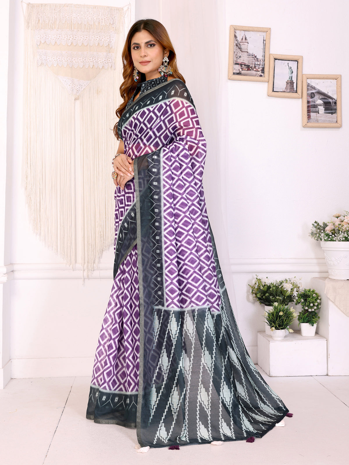 Purple & Black Ikat Printed Chanderi Saree | Geometric Ethnic Design with Designer Border  | Lightweight Traditional Saree with Matching Blouse Piece  – 5.5 Meters