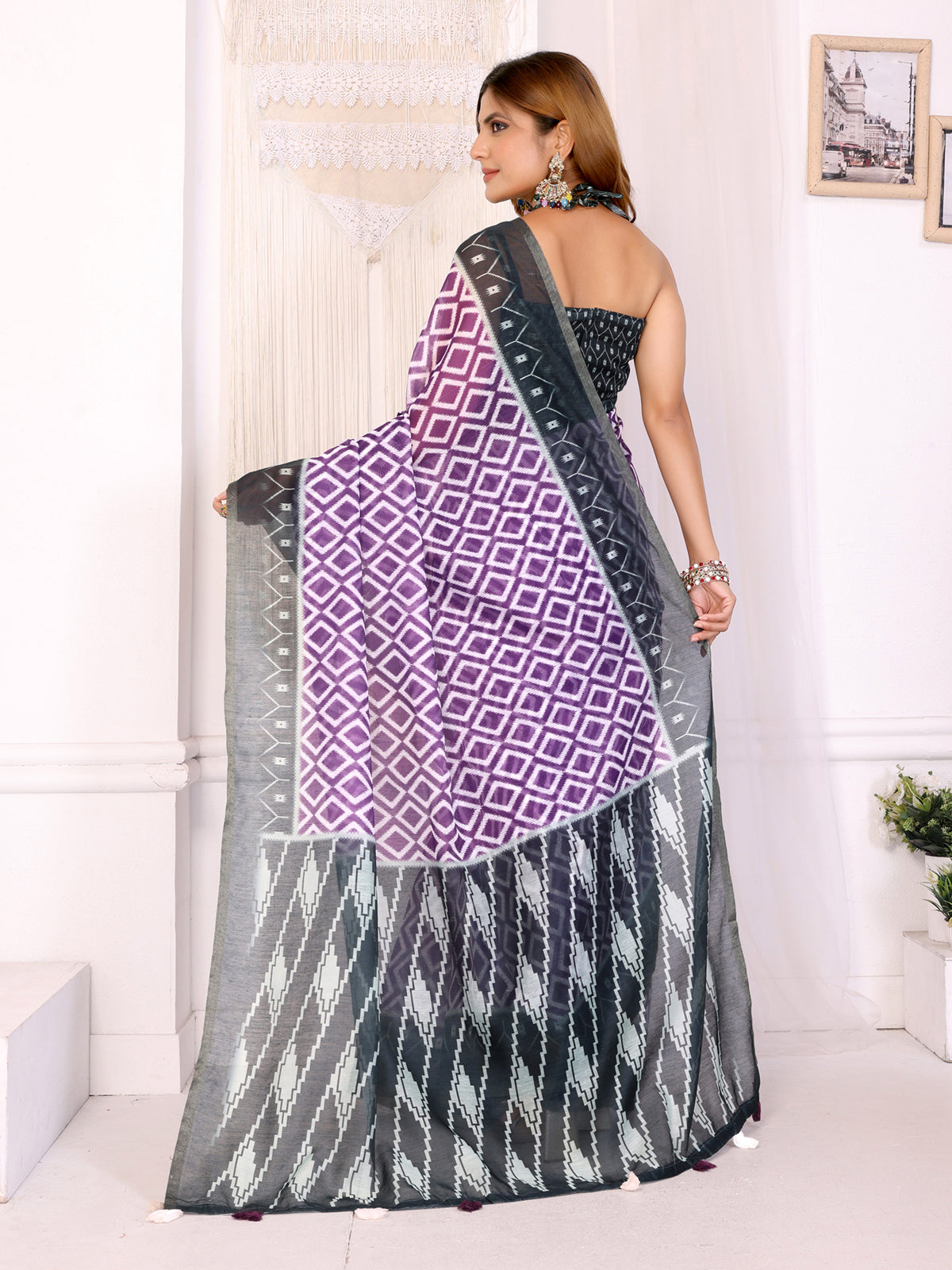 Purple & Black Ikat Printed Chanderi Saree | Geometric Ethnic Design with Designer Border  | Lightweight Traditional Saree with Matching Blouse Piece  – 5.5 Meters