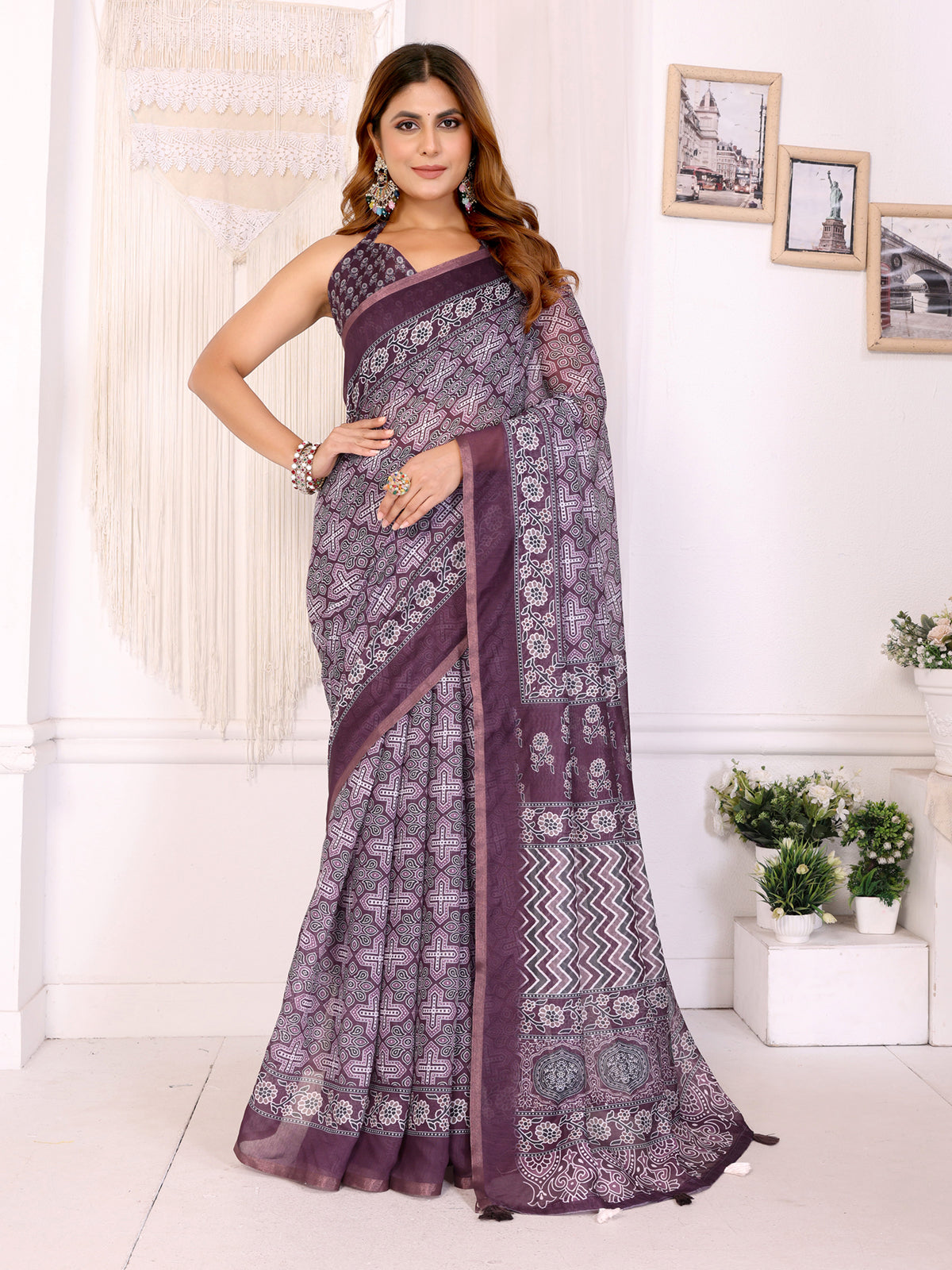 Wine Purple Traditional Printed Chanderi Saree 🌸 | Ethnic Motifs with Artistic Pallu 🎨 | Lightweight Designer Saree with Matching Blouse Piece  – 5.5 Meters