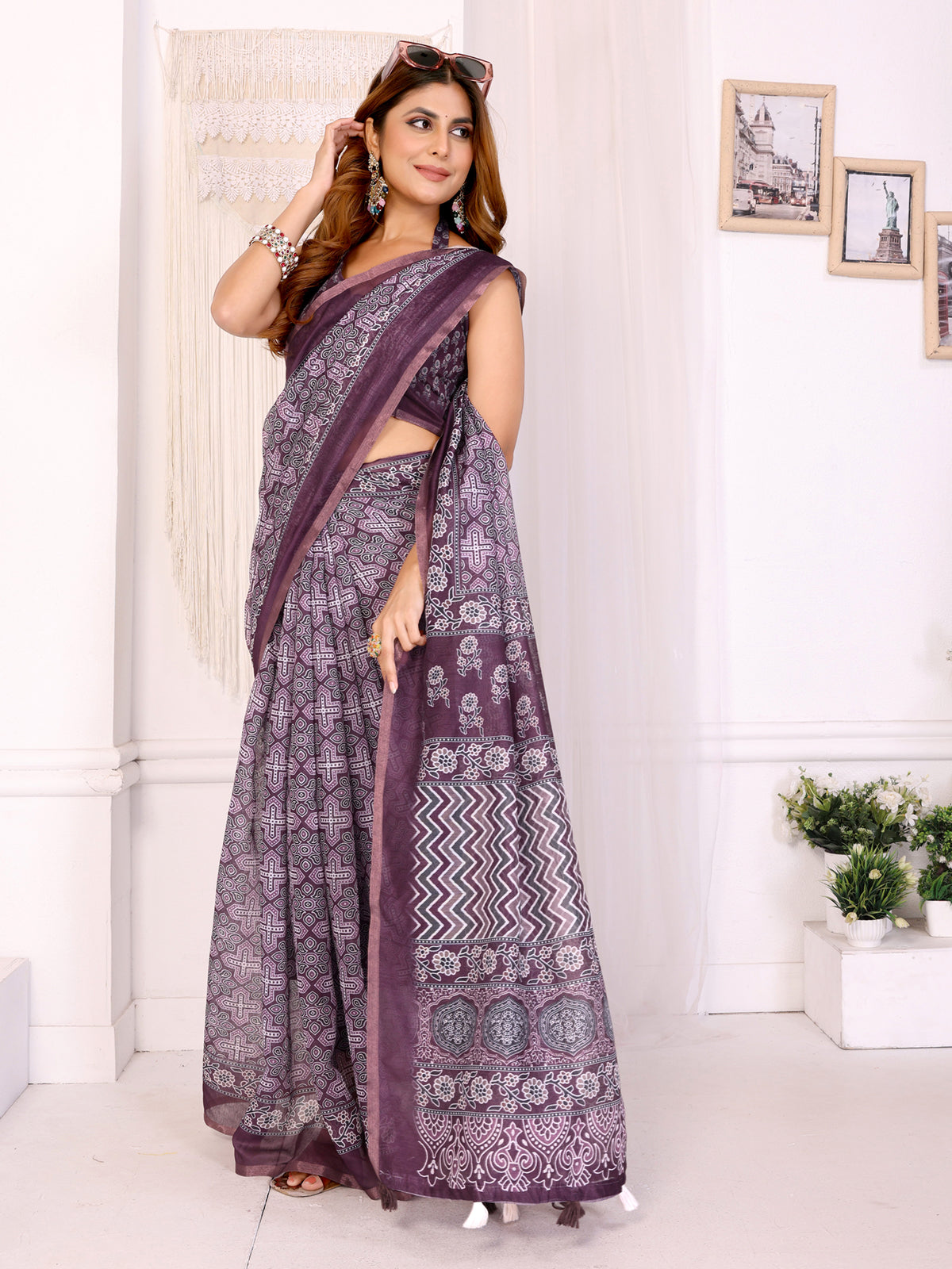 Wine Purple Traditional Printed Chanderi Saree 🌸 | Ethnic Motifs with Artistic Pallu 🎨 | Lightweight Designer Saree with Matching Blouse Piece  – 5.5 Meters