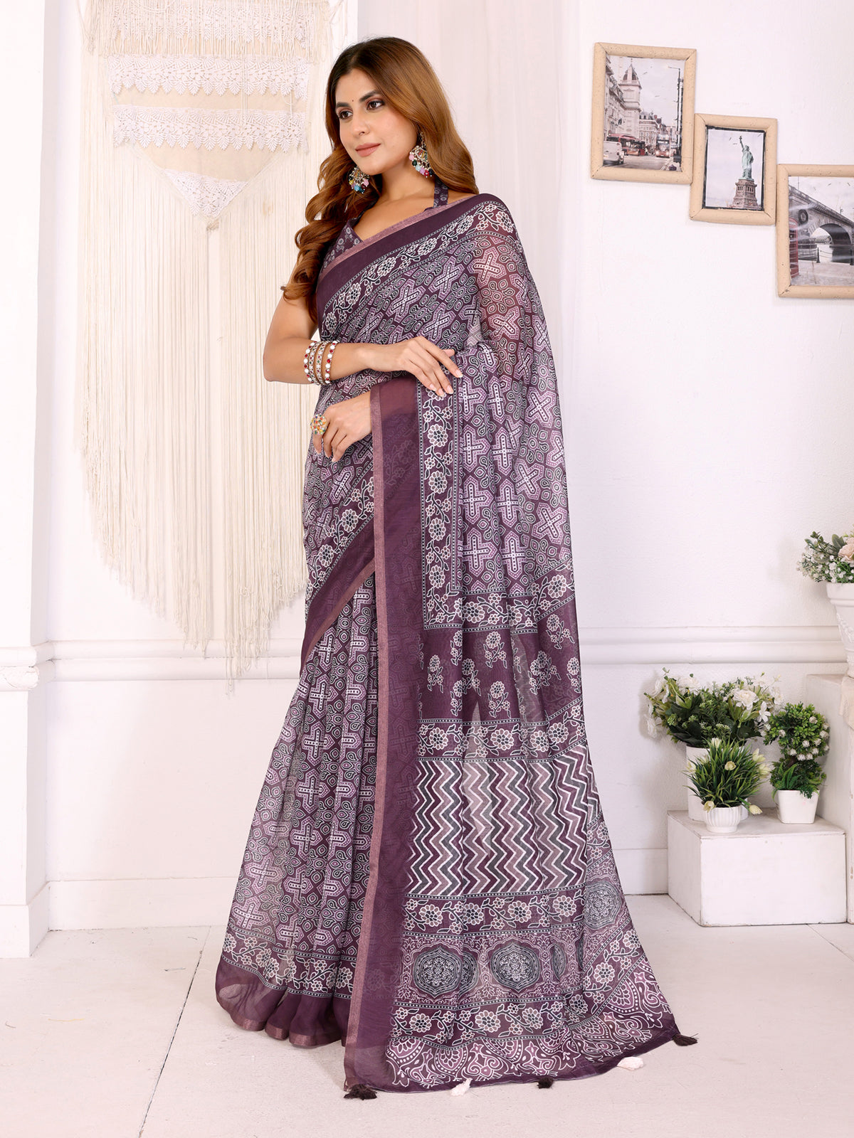 Wine Purple Traditional Printed Chanderi Saree 🌸 | Ethnic Motifs with Artistic Pallu 🎨 | Lightweight Designer Saree with Matching Blouse Piece  – 5.5 Meters