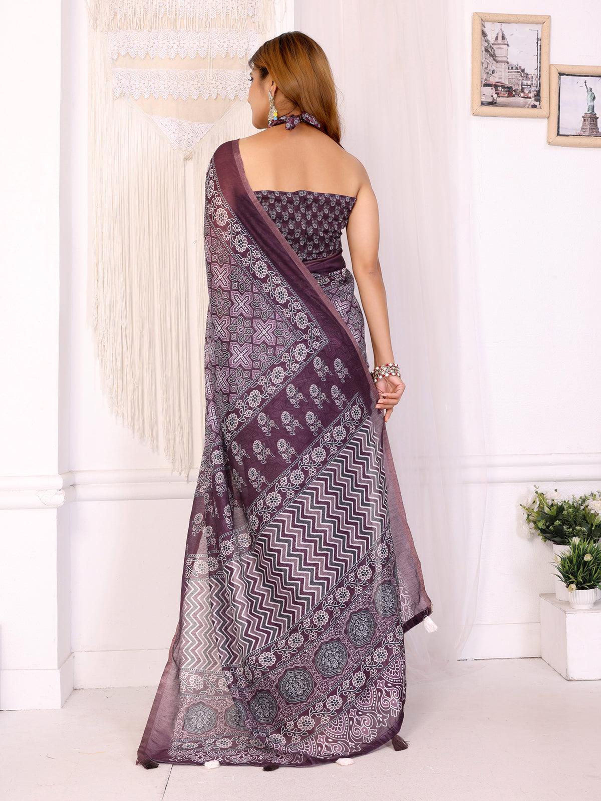 Wine Purple Traditional Printed Chanderi Saree 🌸 | Ethnic Motifs with Artistic Pallu 🎨 | Lightweight Designer Saree with Matching Blouse Piece  – 5.5 Meters