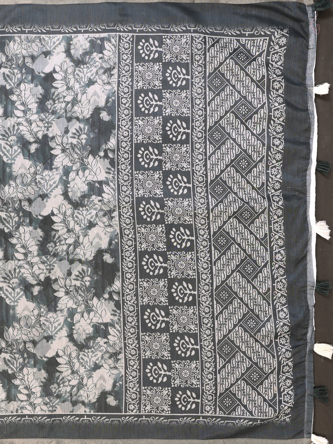 Elegant White Chanderi Saree with Grey-Black Floral & Ethnic Print 🌸 | Designer Printed Border with Tassels 🎀 | Lightweight Traditional Saree with Matching Blouse Piece – 5.5 Meters