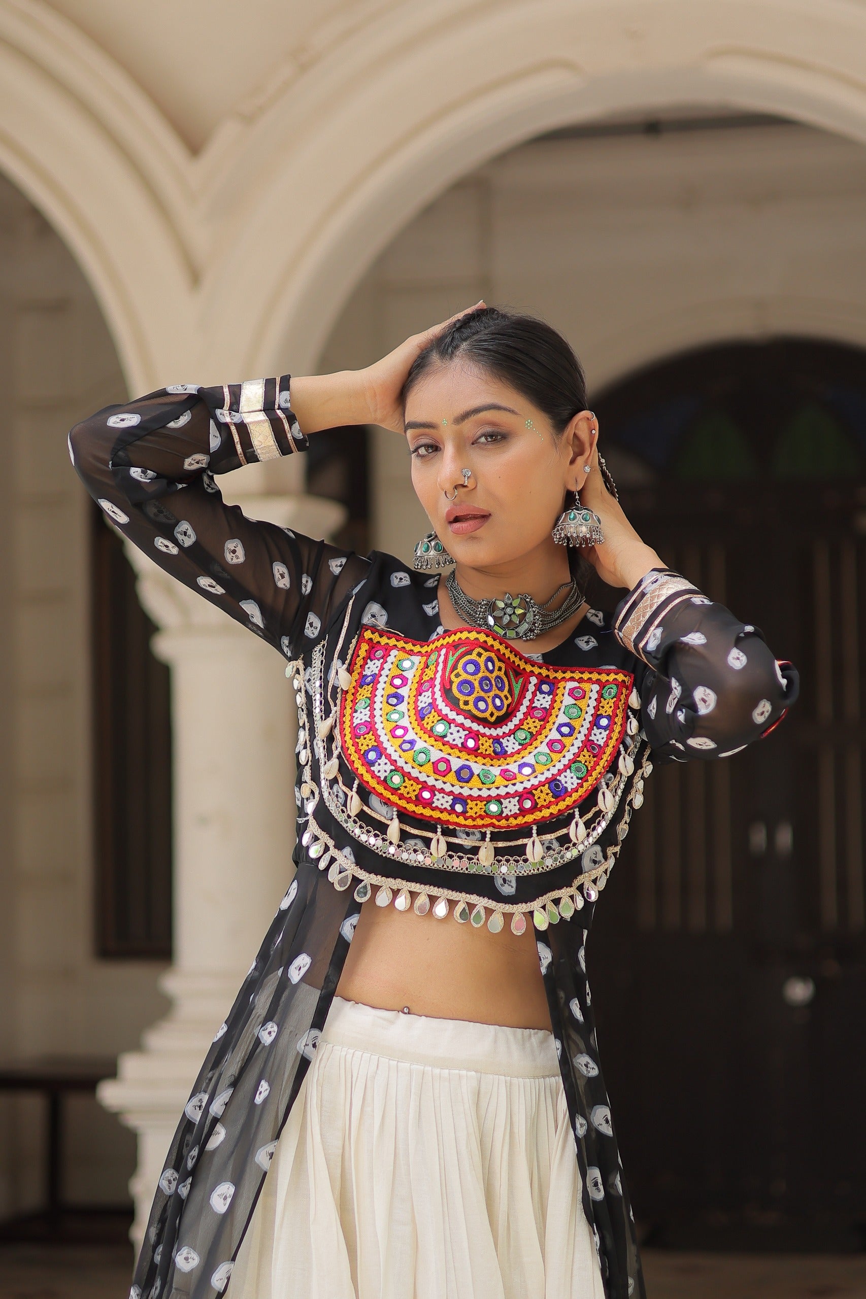 ✨  Navratri Collection - Bandhani Print Kurti with Kora Cotton Lehenga