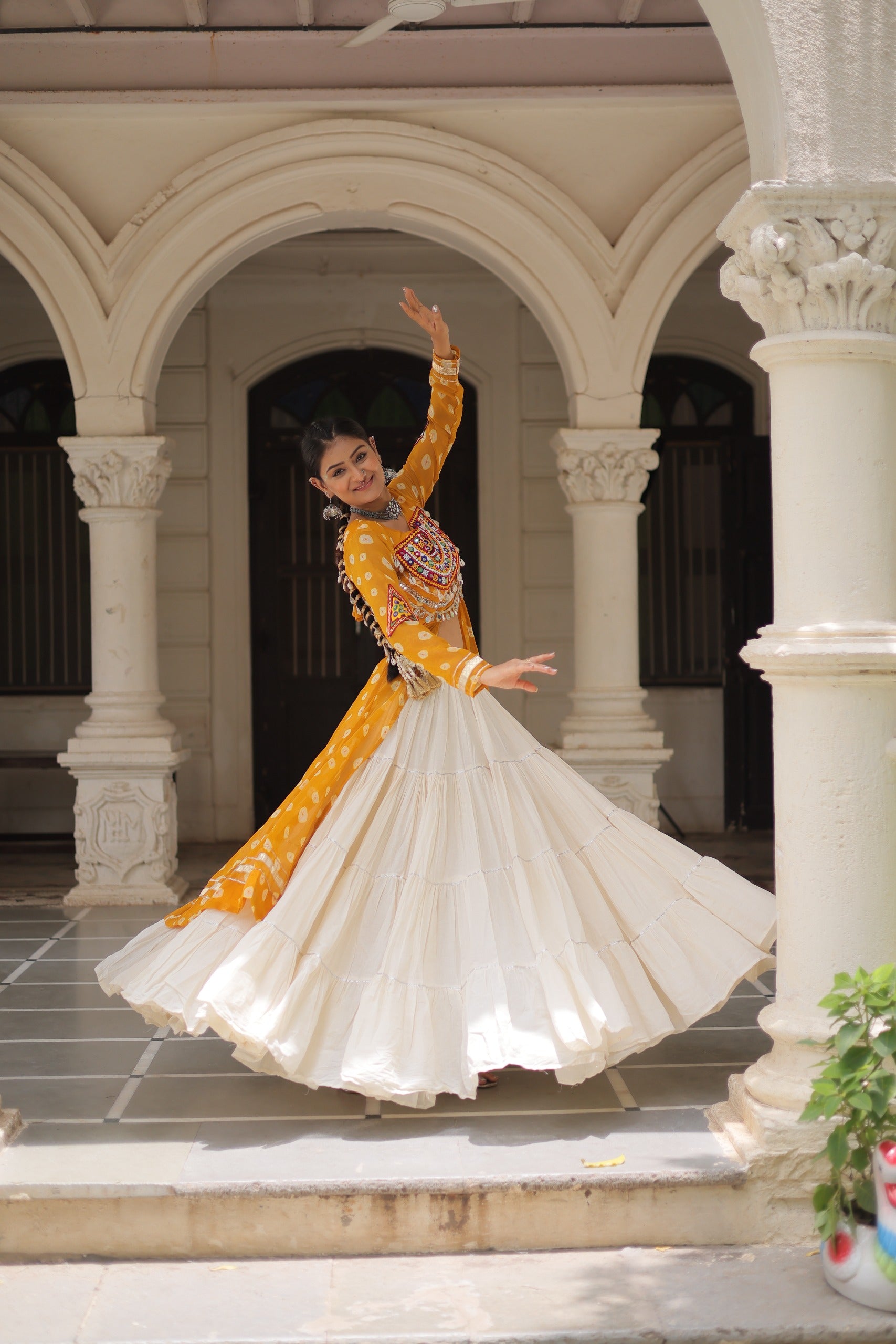 ✨  Navratri Collection - Bandhani Print Kurti with Kora Cotton Lehenga