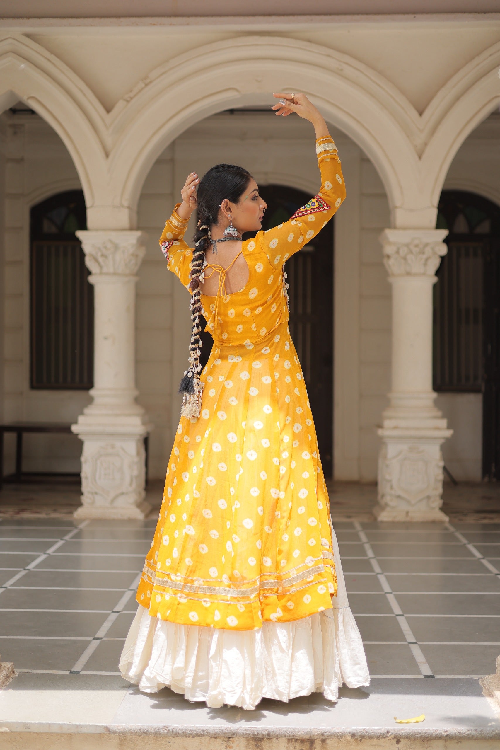 ✨  Navratri Collection - Bandhani Print Kurti with Kora Cotton Lehenga