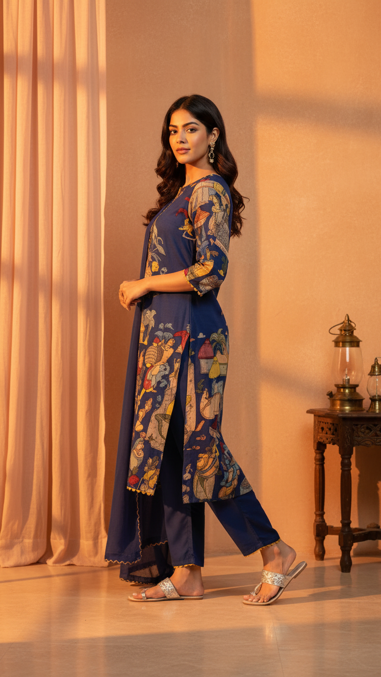 Traditional Kalamkari Print Cotton Kurti Set