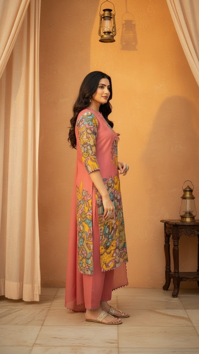 Pink Kalamkari Cotton Kurta Set