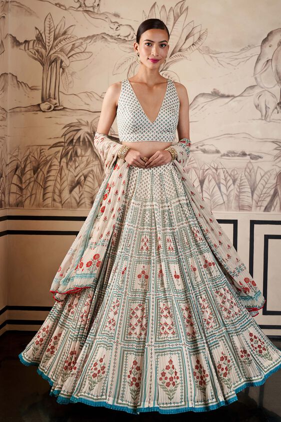 Zari Gota Digital Print Lehenga Choli with Chinon Lace Dupatta